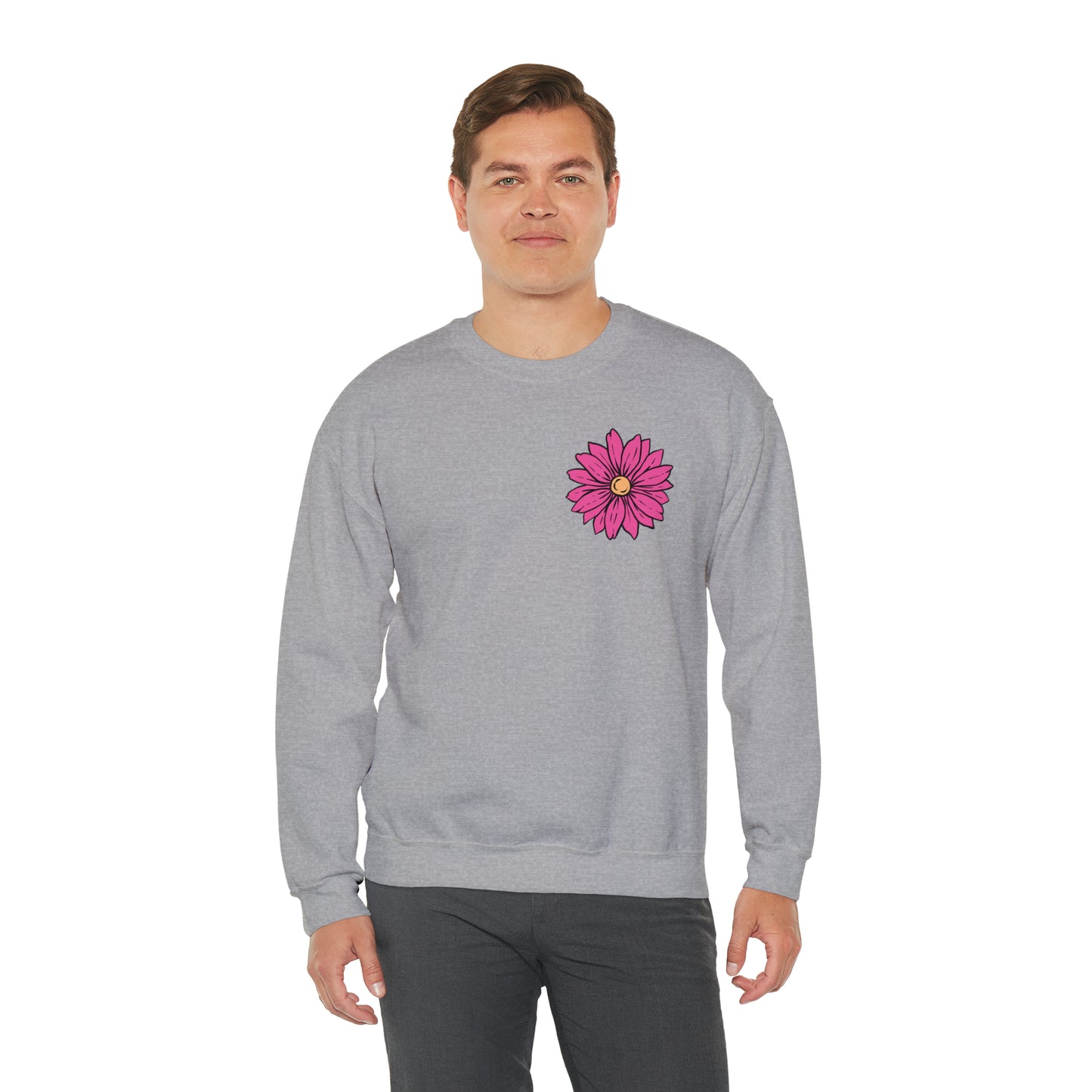 FRONT AND BACK DESIGN Positive Energy (Flower on Front and Message on Back) Font Heavy Blend™ Crewneck Sweatshirt