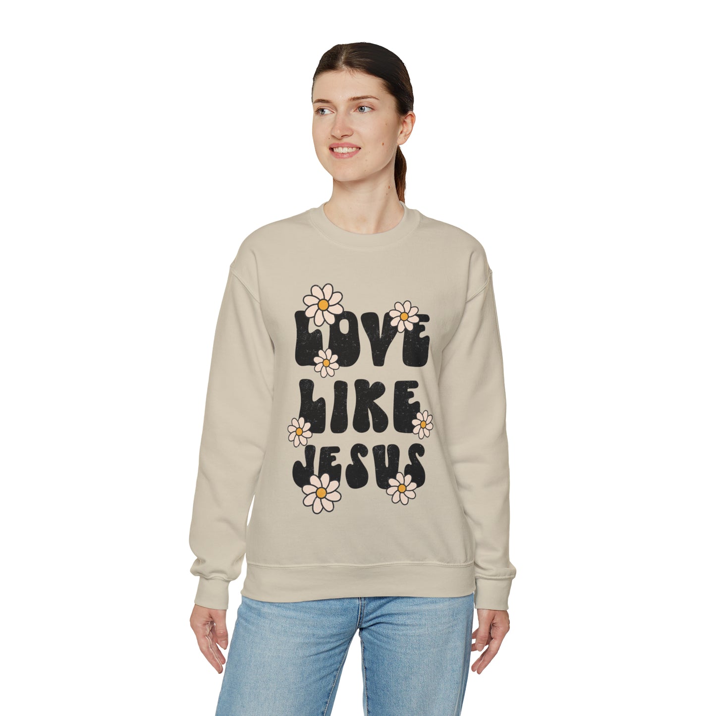 Distressed Daisy Love Like Jesus - Heavy Blend™ Crewneck Sweatshirt