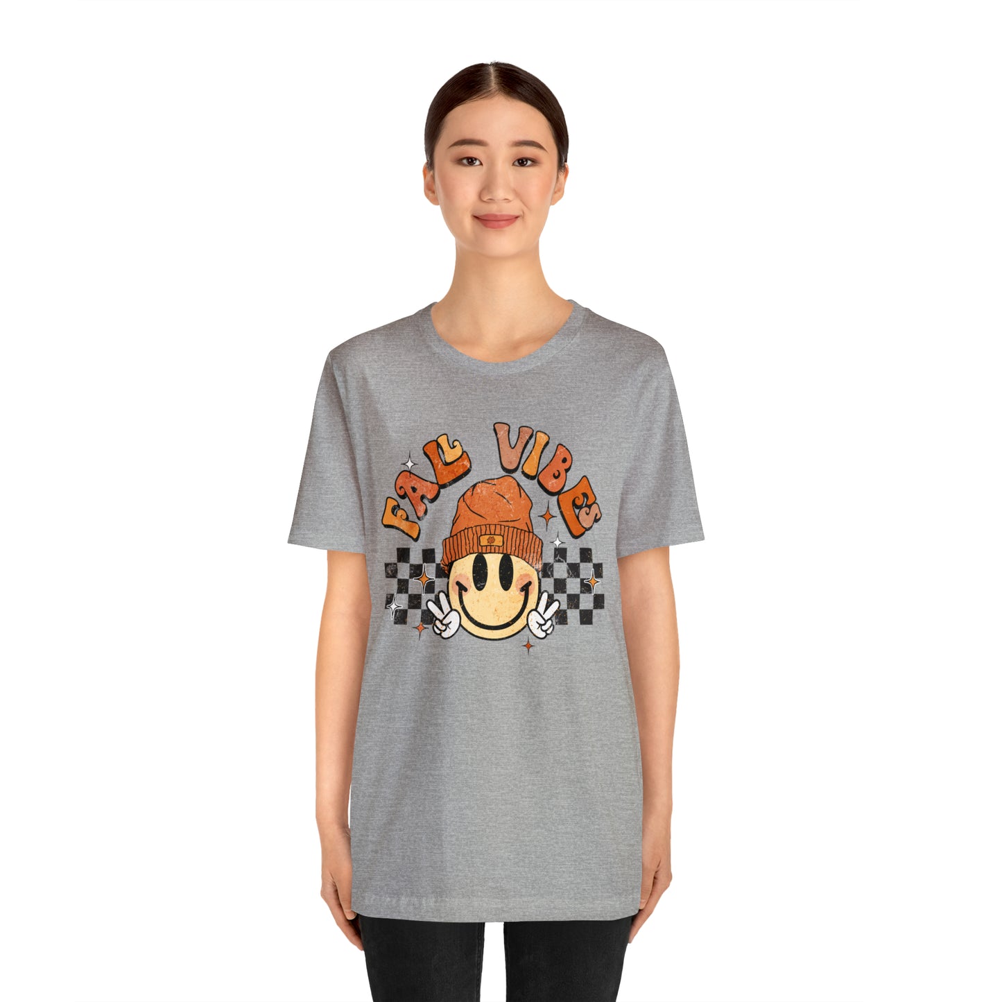 Distressed Halloween Fall Vibes Smiley Face with Beanie and Peace Sign T-Shirt