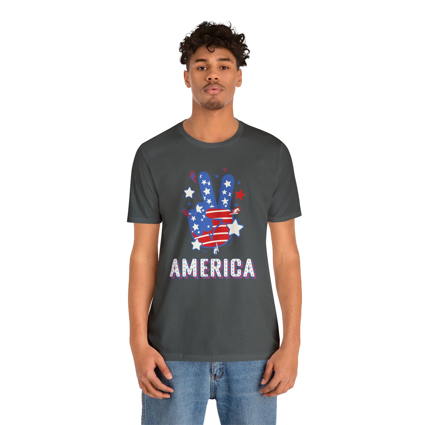 America USA Stars Peace Sign with Hands Unisex Jersey Short Sleeve Tee