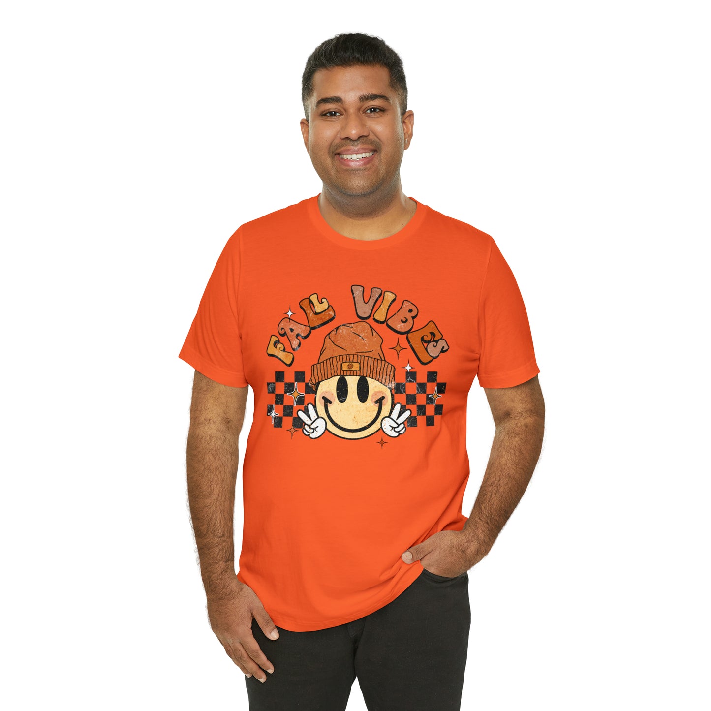 Distressed Halloween Fall Vibes Smiley Face with Beanie and Peace Sign T-Shirt