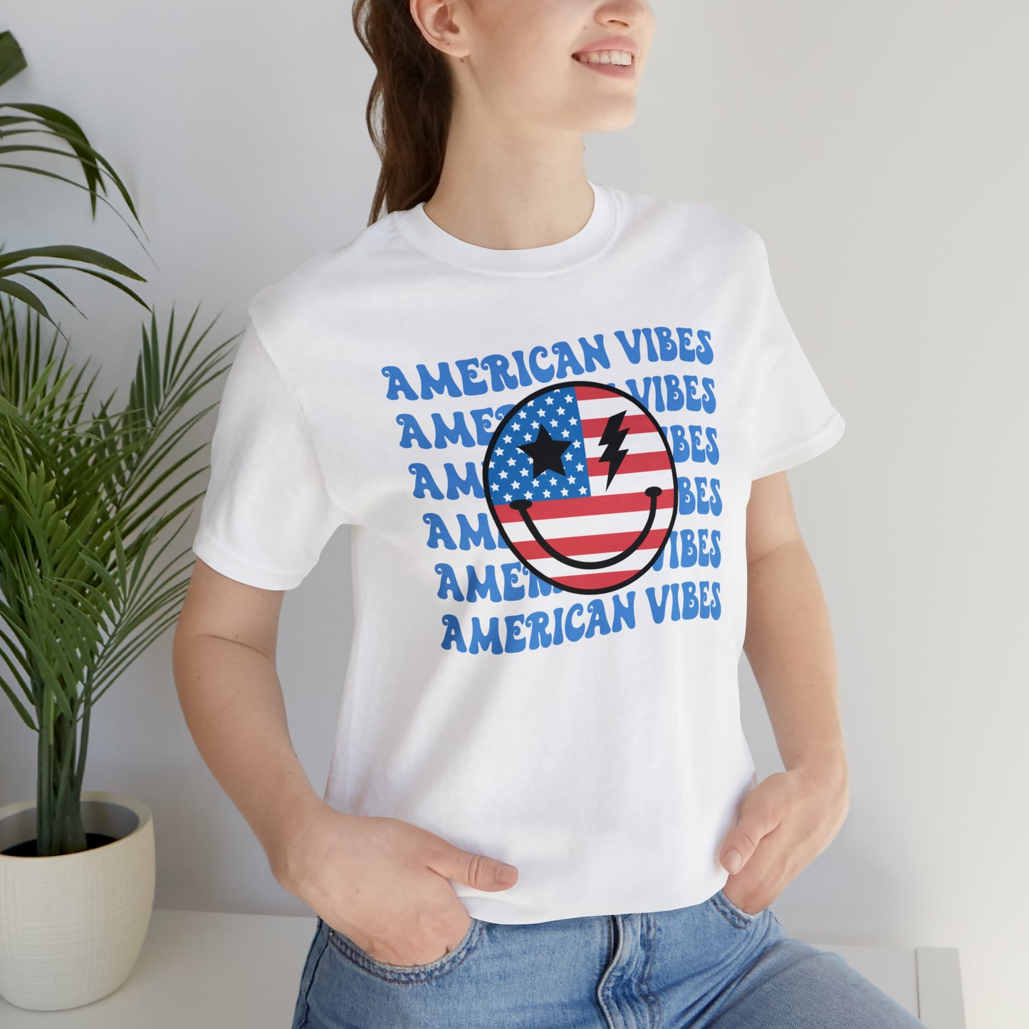 USA American Vibes American Flag Smiley Face Unisex Jersey Short Sleeve Tee