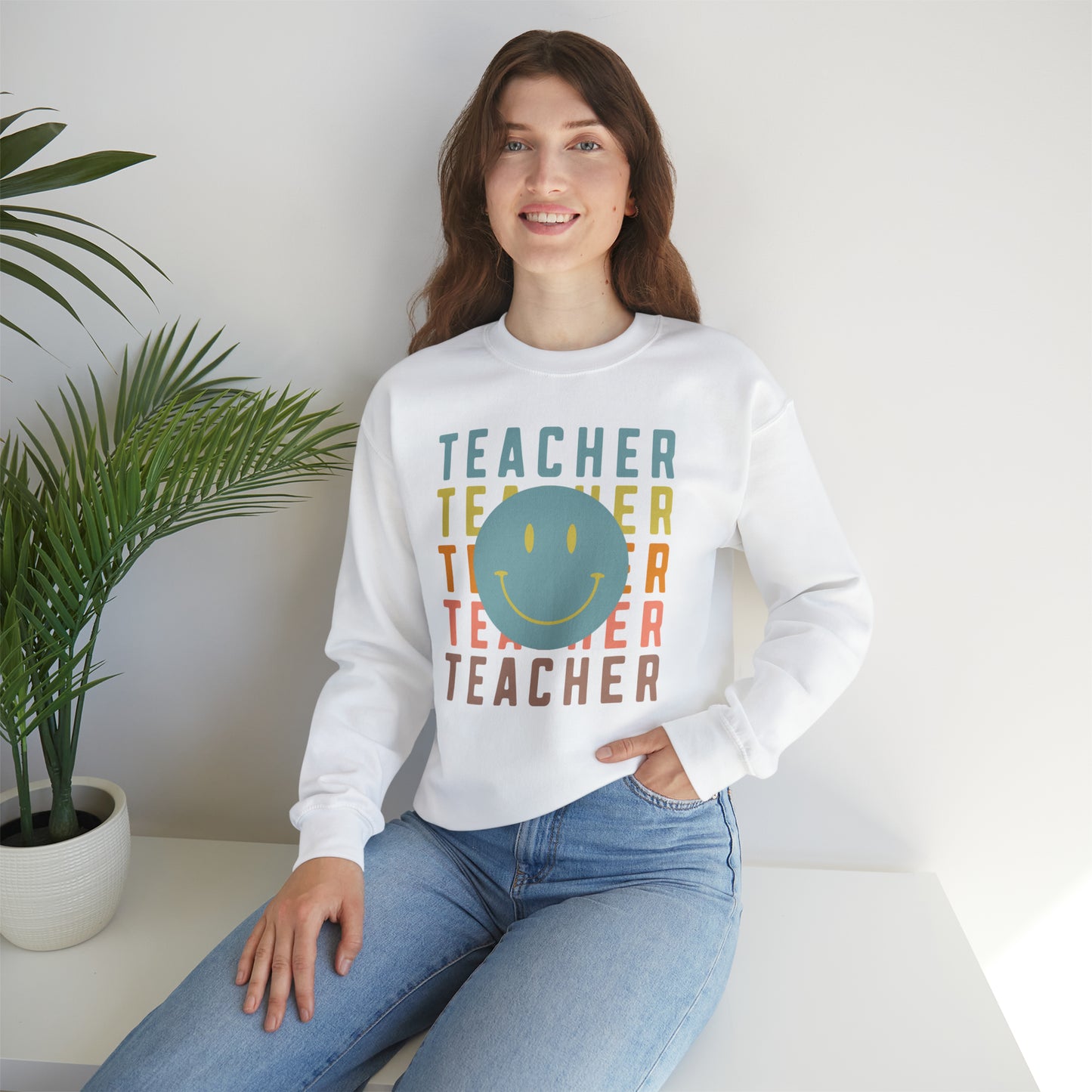 Multi Colored Teacher with Smiley Face Unisex Heavy Blend™ Crewneck Sweatshirt