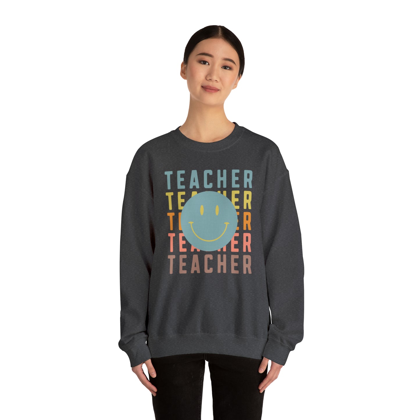 Multi Colored Teacher with Smiley Face Unisex Heavy Blend™ Crewneck Sweatshirt