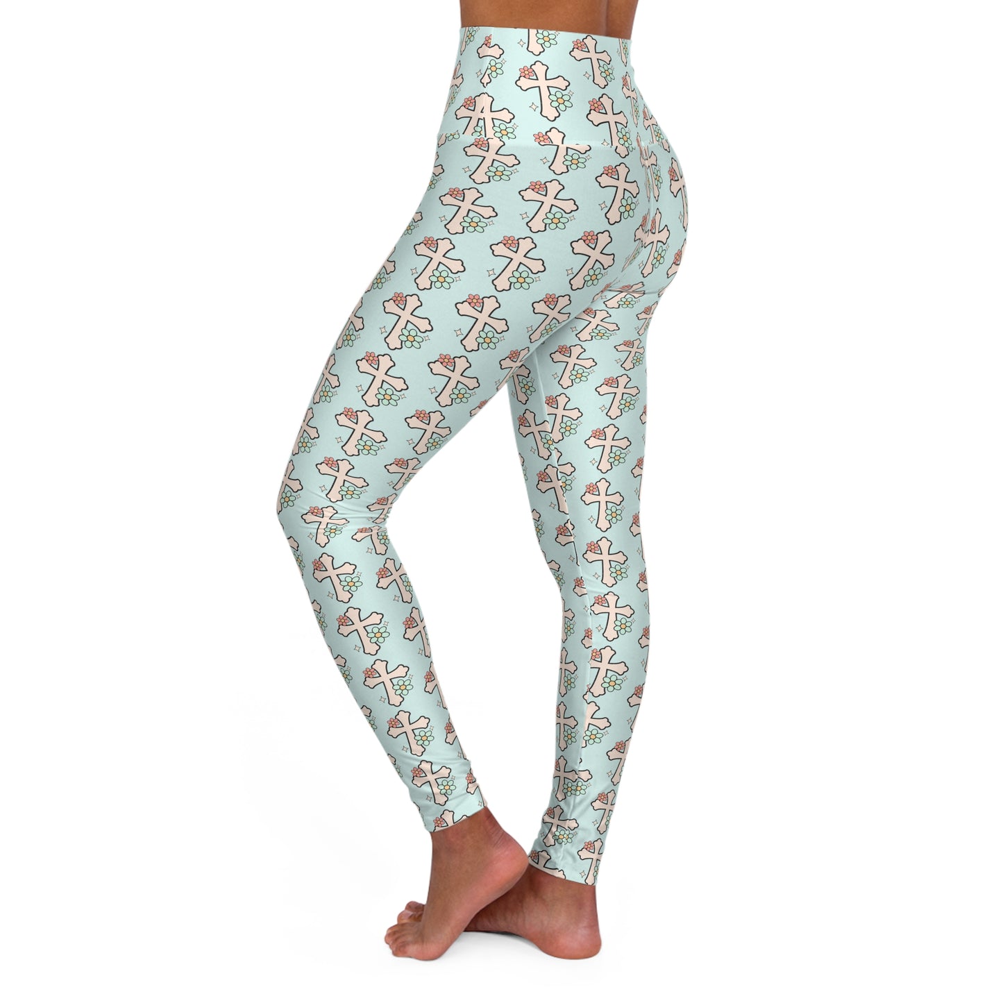 Boho Pink Cross Christian and Faith High Waisted Yoga Leggings - and Light Turquoise