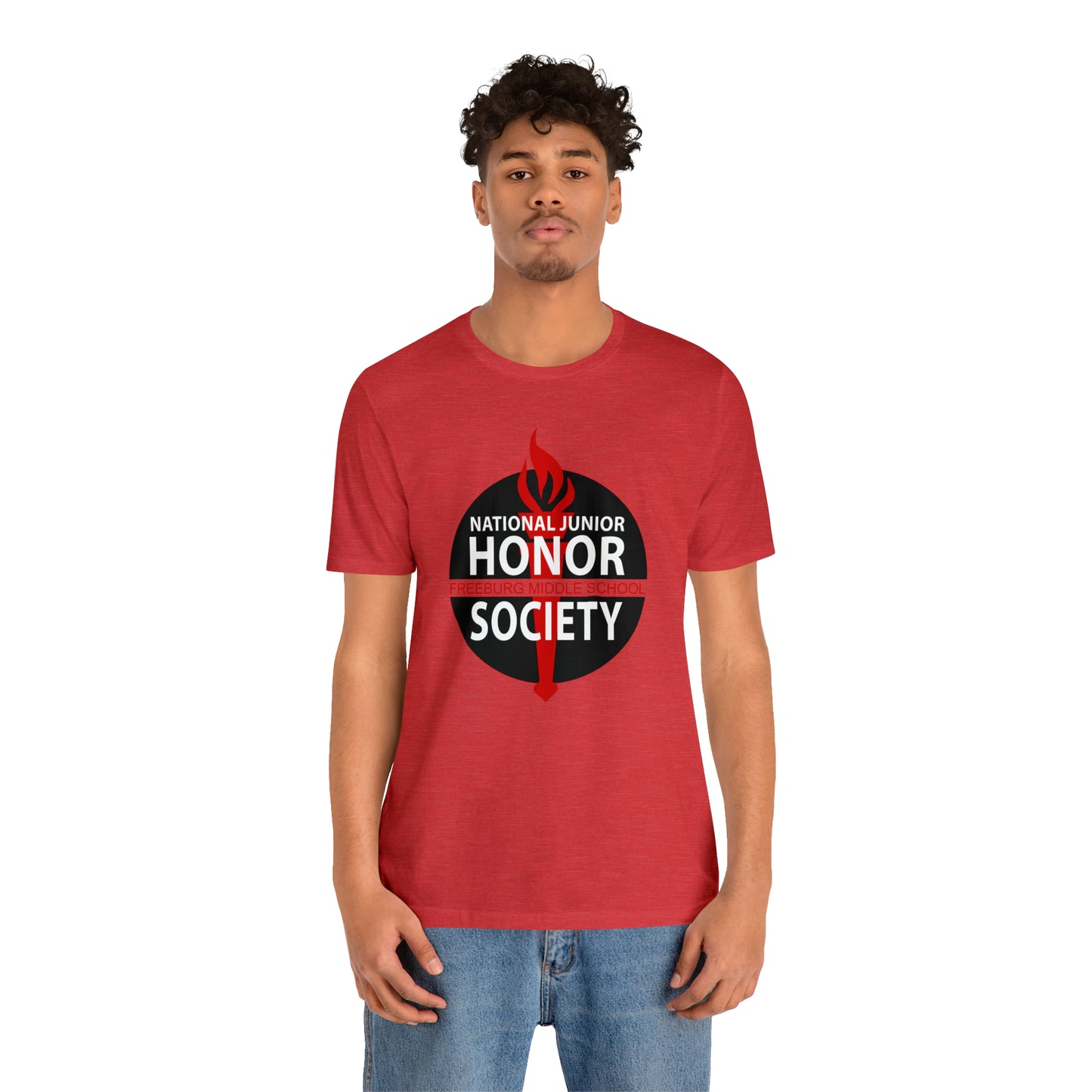 Freeburg Middle School Black Red and White NJHS National Junior Honor Society Red Torch Logo Bella Jersey Short Sleeve Tee (Unisex)