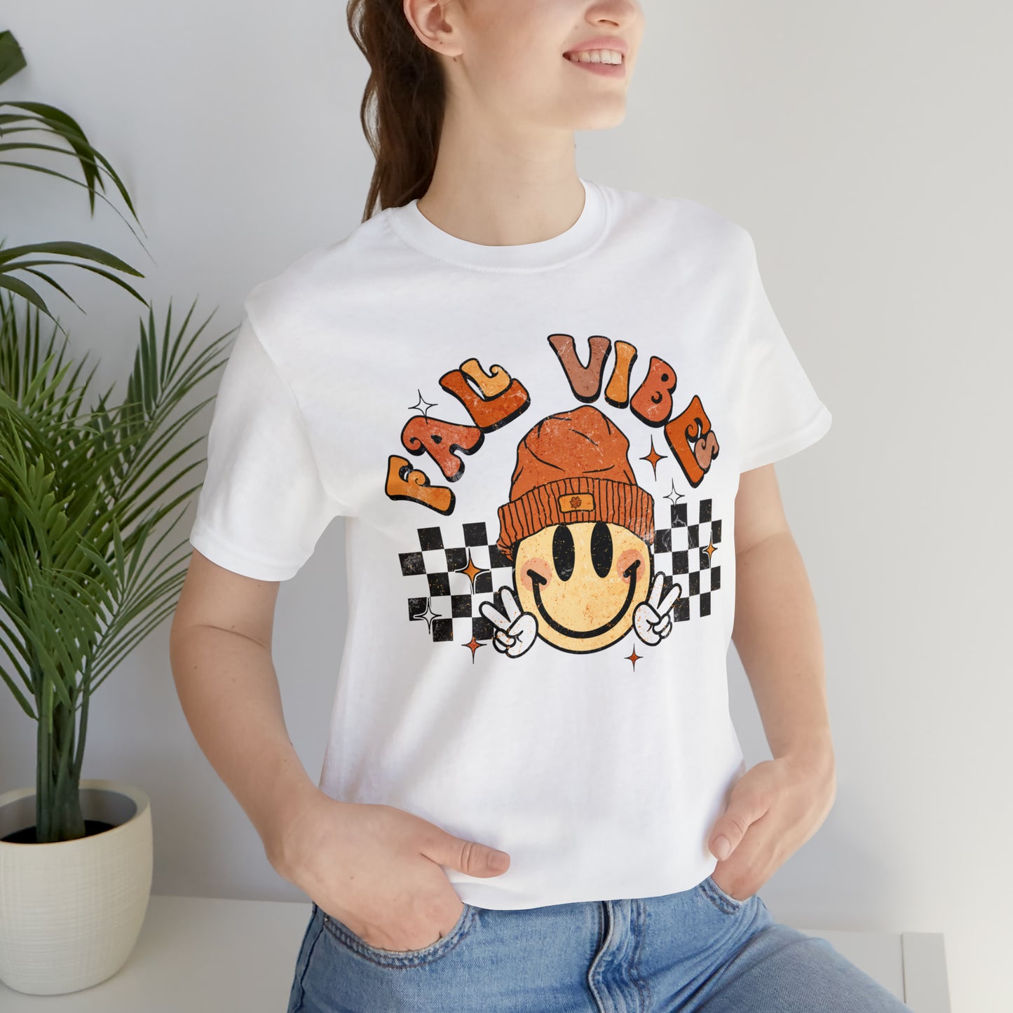 Distressed Halloween Fall Vibes Smiley Face with Beanie and Peace Sign T-Shirt