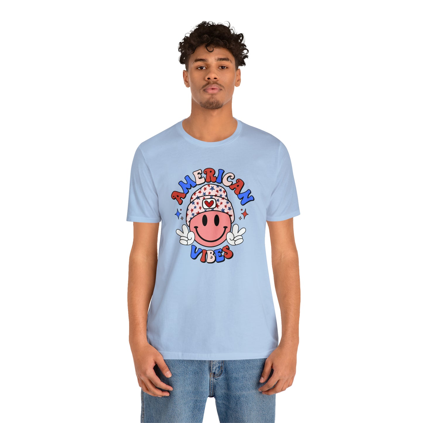 American Vibes USA Smiley Face with Stars Beanie with two hand peace signs Unisex Jersey Short Sleeve Tee