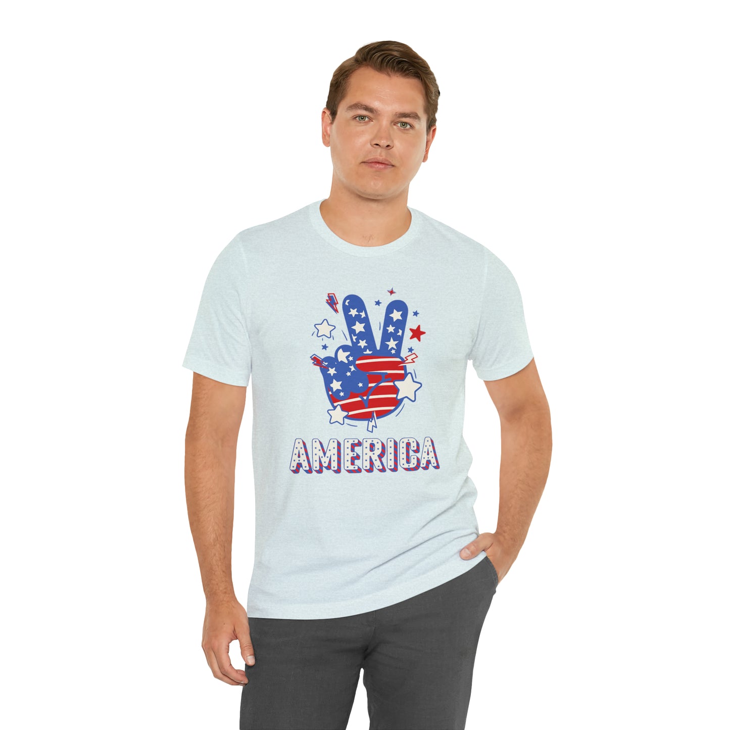 America USA Stars Peace Sign with Hands Unisex Jersey Short Sleeve Tee