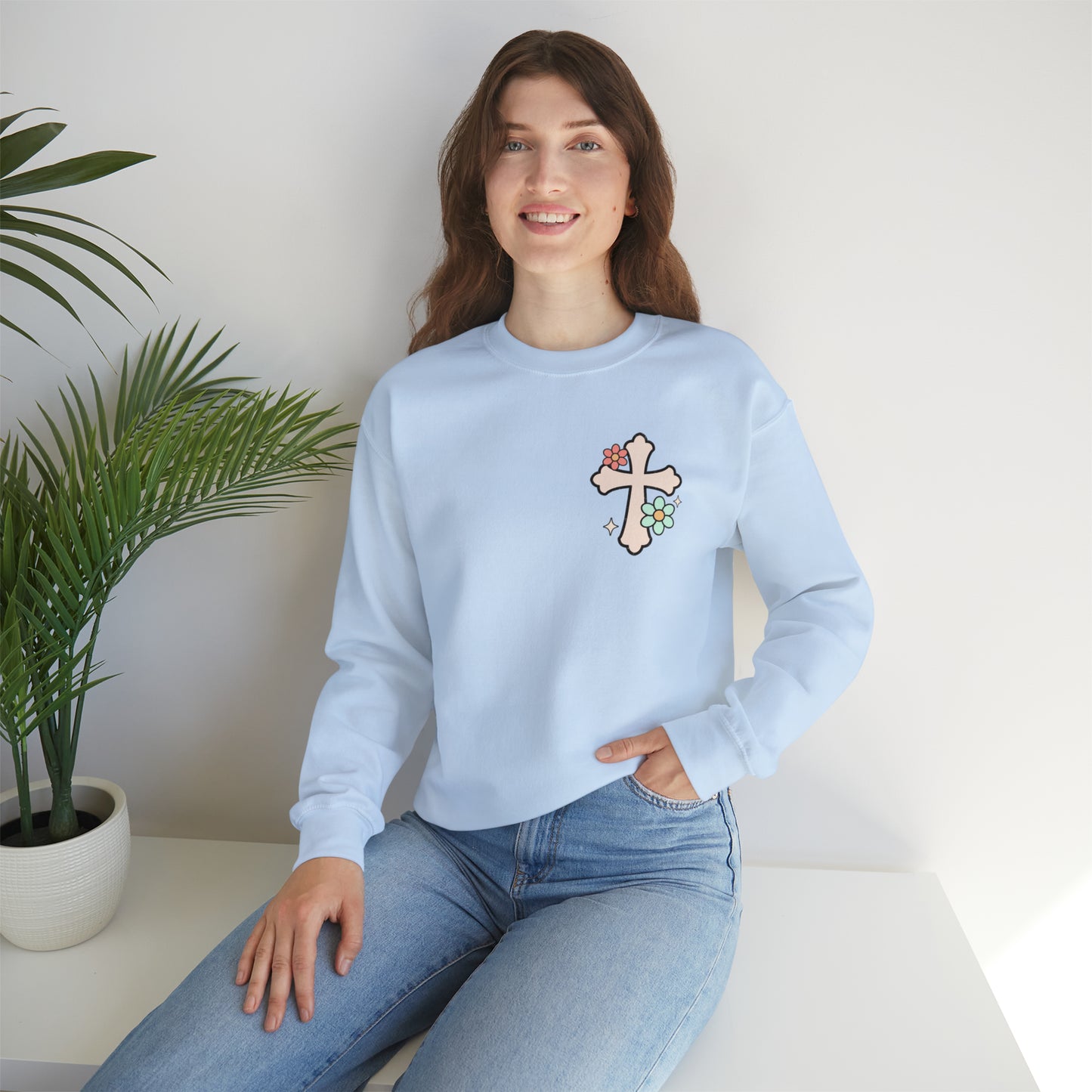 Vintage Grow in Grace with Cross Boho Color Print -  Front and Back Design Heavy Blend™ Crewneck Sweatshirt