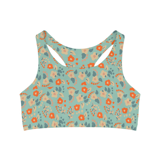 Boho Blue and Orange Dainty Floral Seamless Sports Bra