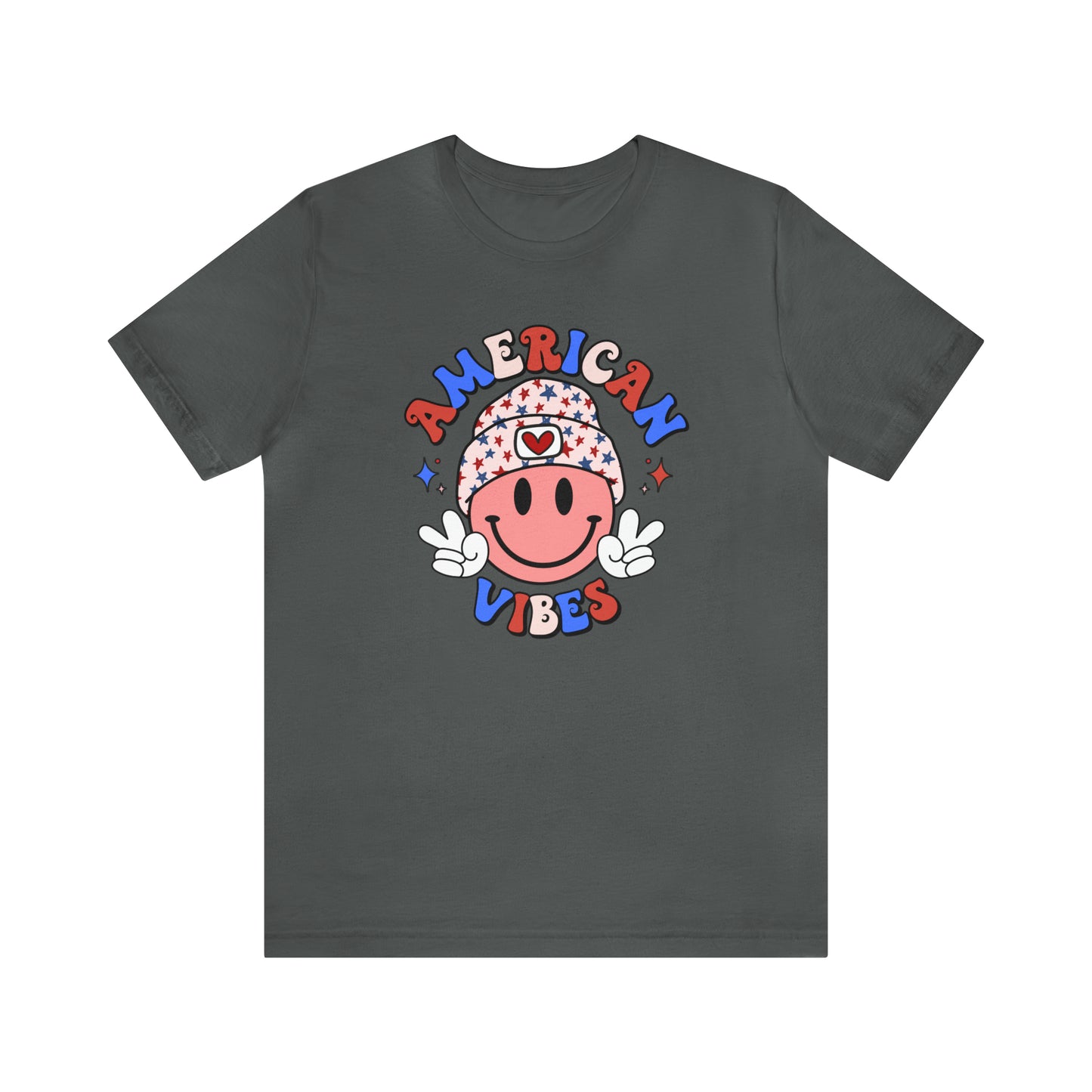 American Vibes USA Smiley Face with Stars Beanie with two hand peace signs Unisex Jersey Short Sleeve Tee