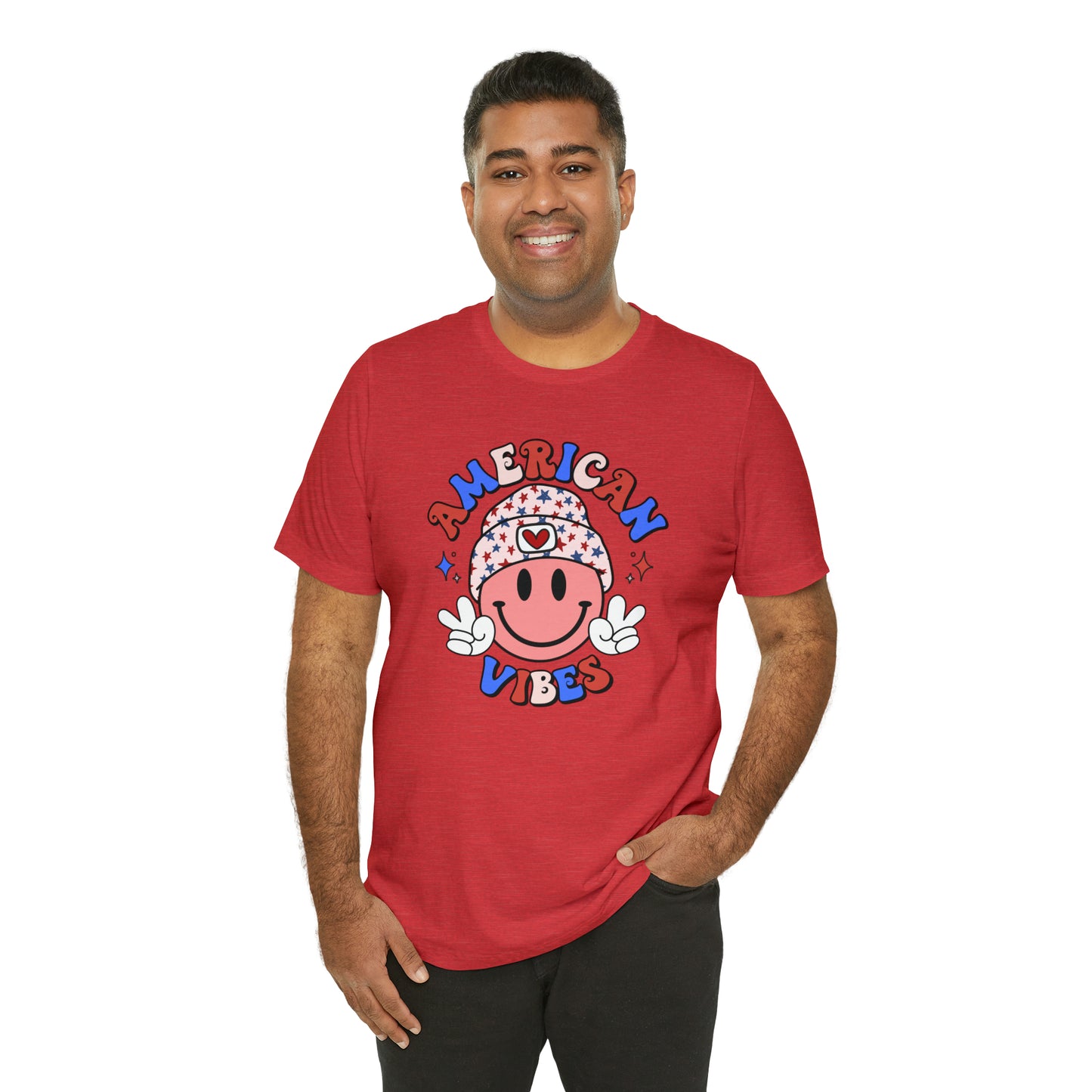 American Vibes USA Smiley Face with Stars Beanie with two hand peace signs Unisex Jersey Short Sleeve Tee