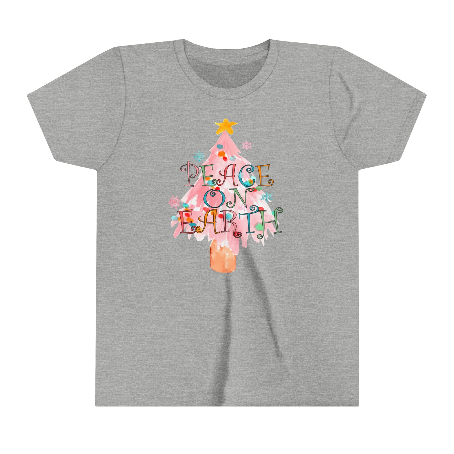 YOUTH - Peace on Earth Pink Christmas Tree/ Holiday Youth Short Sleeve Tee