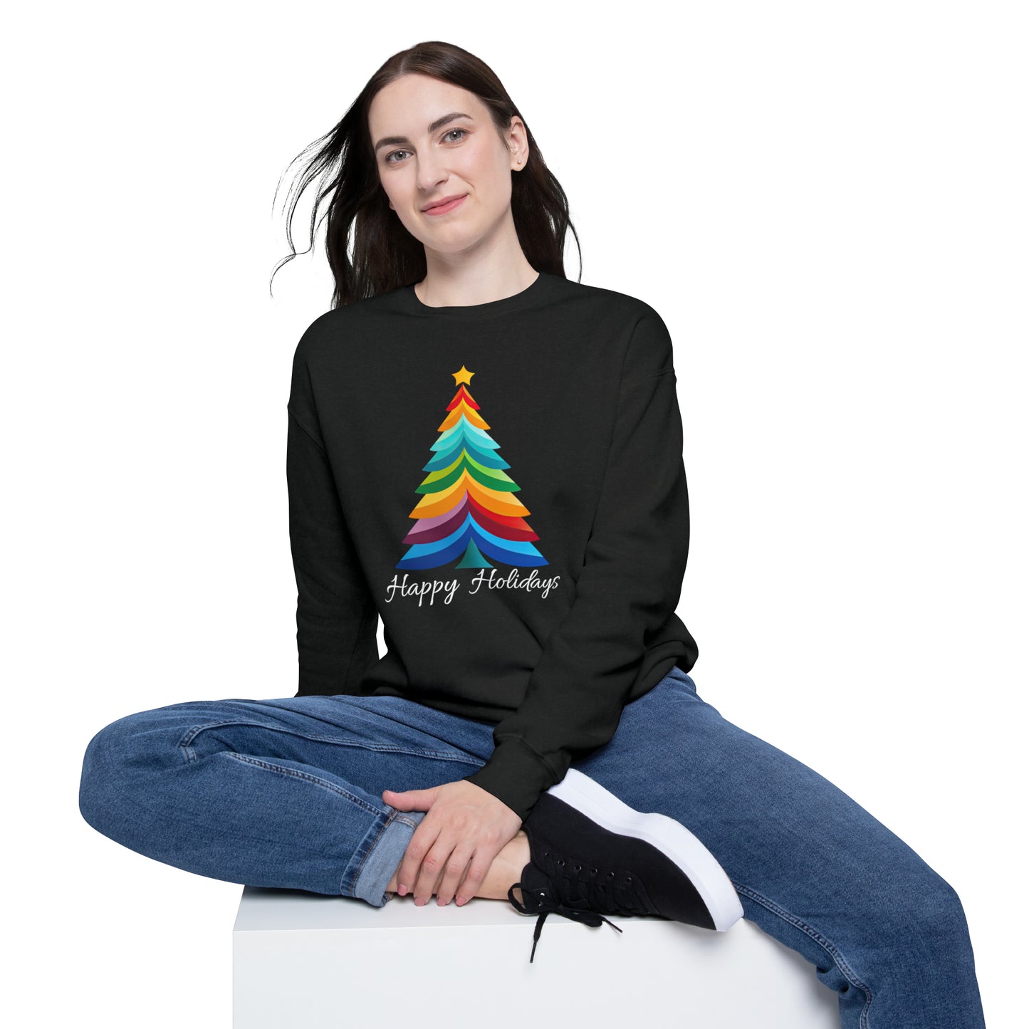 Happy Holidays Layered Rainbow Christmas Tree Unisex Drop Shoulder Bella Sweatshirt