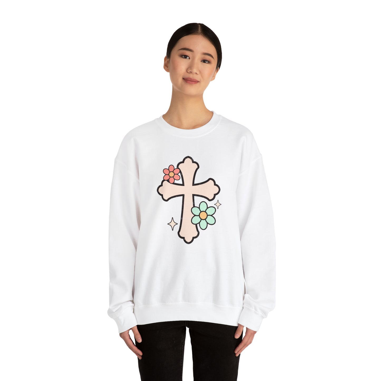 Vintage Floral Cross Design Heavy Blend™ Crewneck Sweatshirt