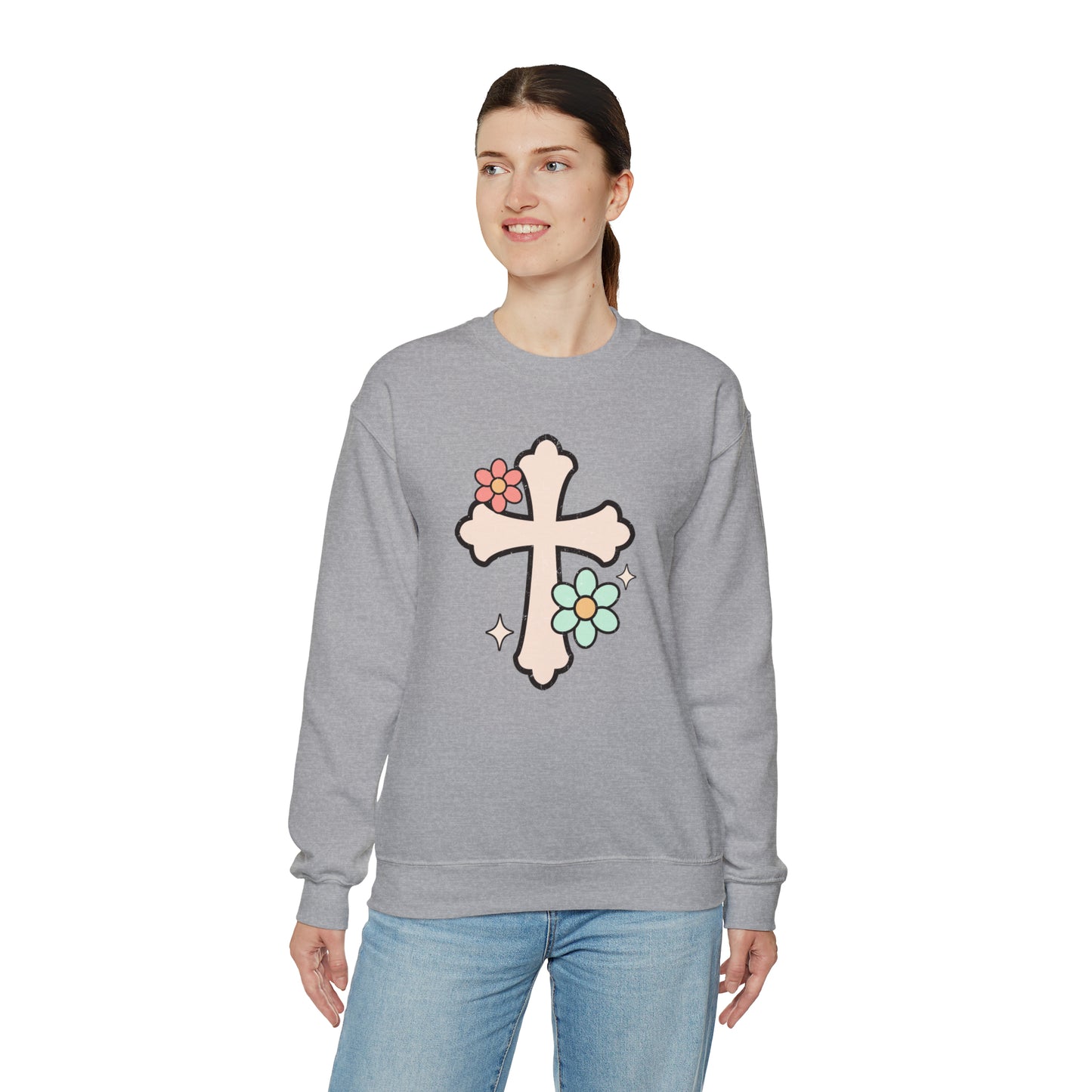 Vintage Floral Cross Design Heavy Blend™ Crewneck Sweatshirt