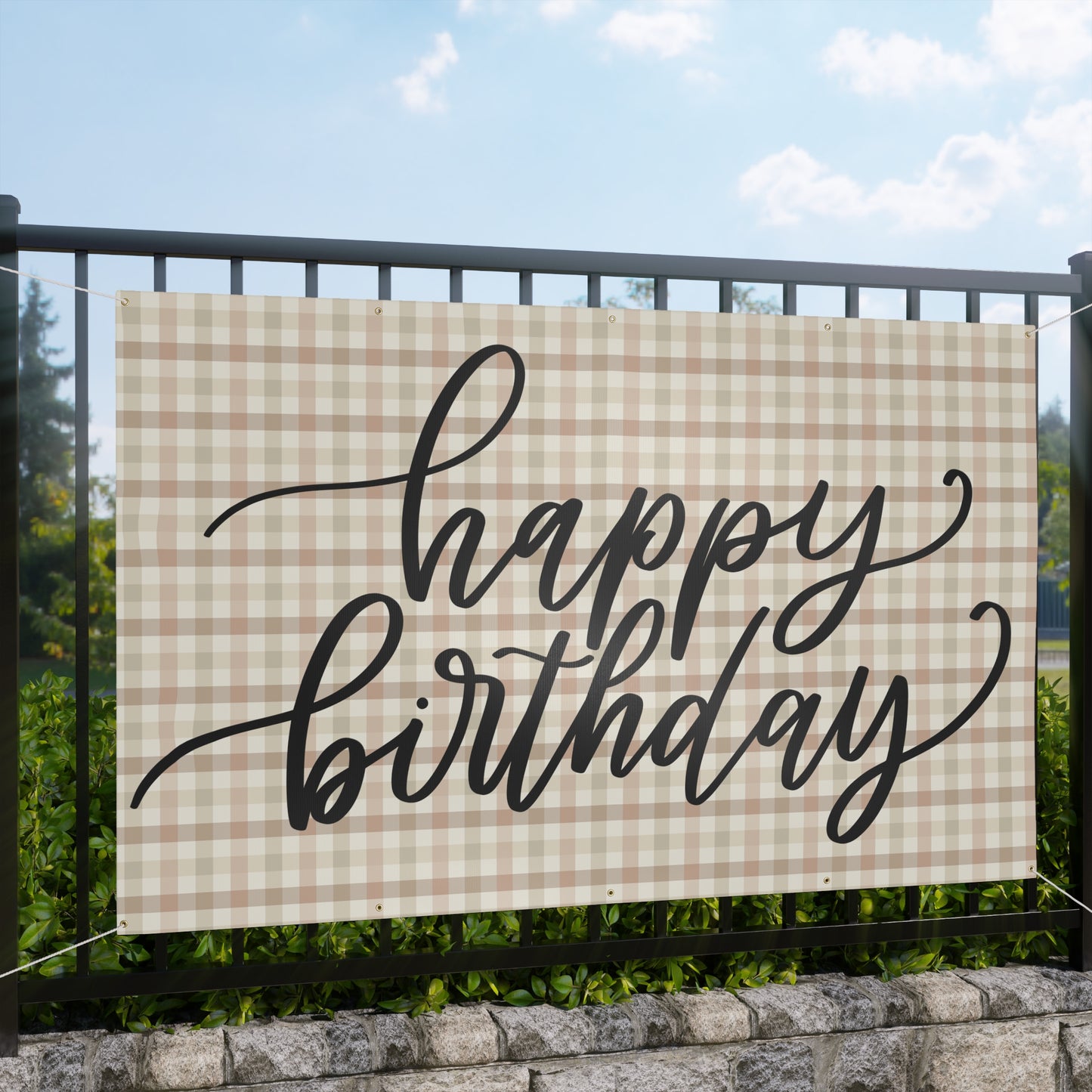 Boho Plaid Cream Cursive Happy Birthday Matte Banner - Pink