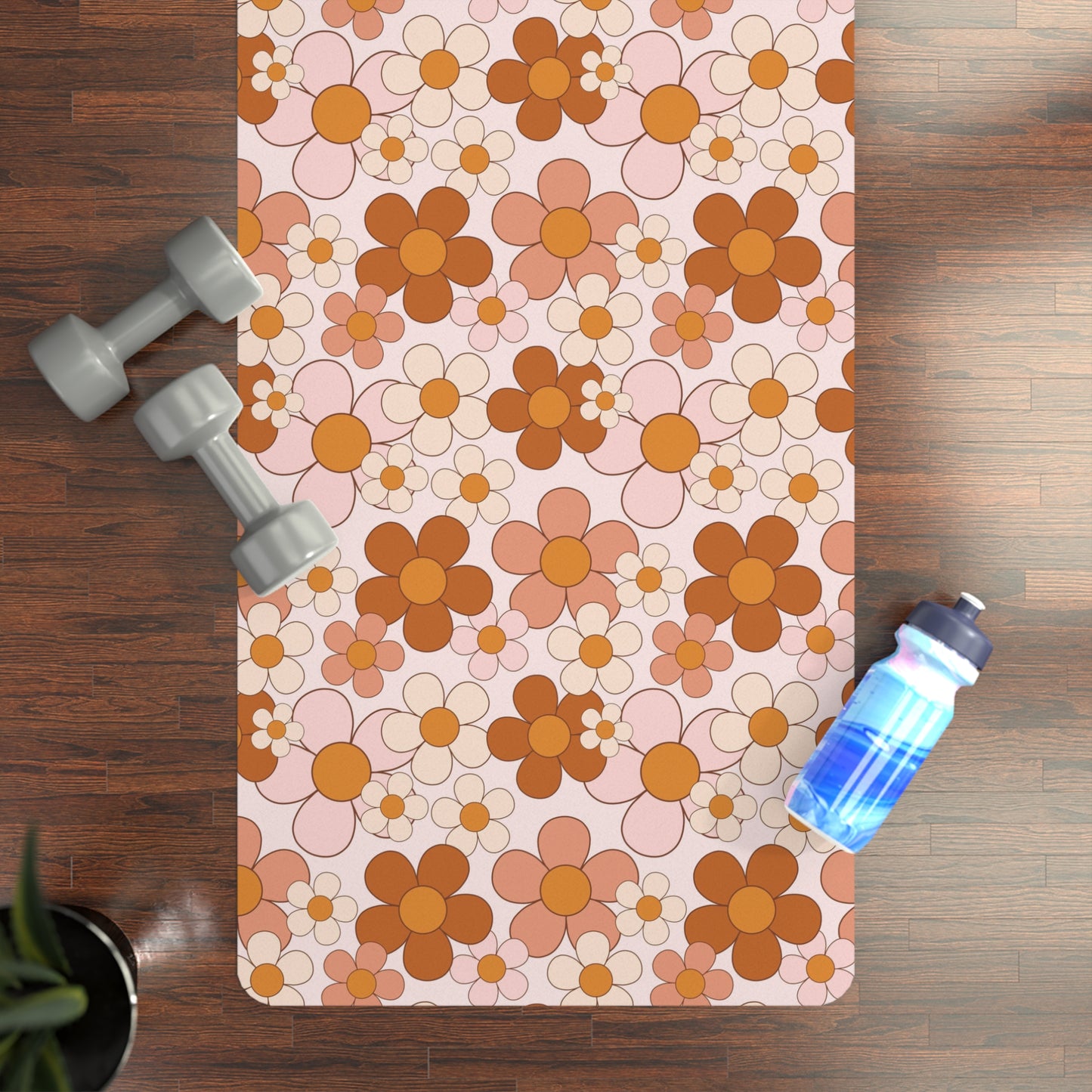 Retro Daisy Rust and Pink Pattern Rubber Yoga Mat