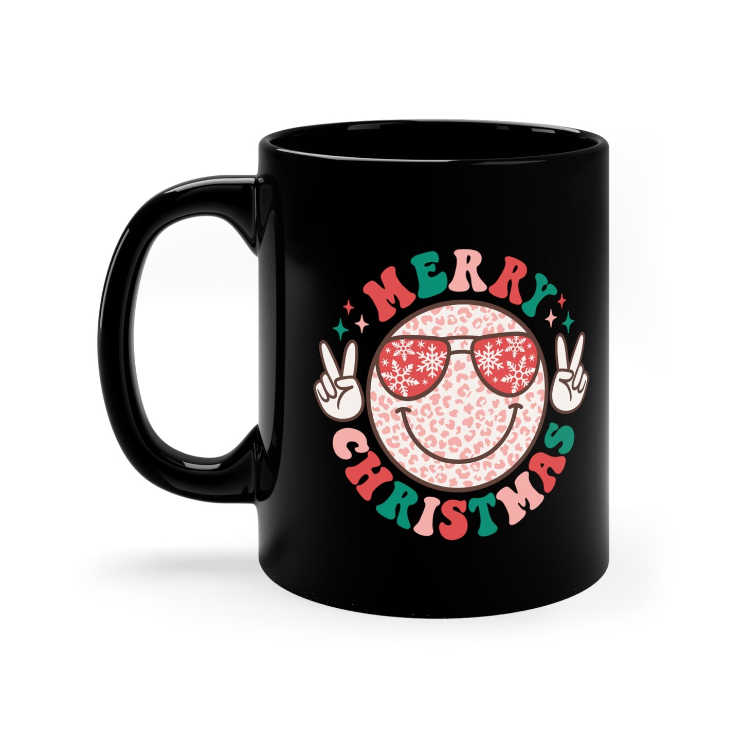 Merry Christmas Colorful Smiley Face with Peace Signs 11oz Black Mug