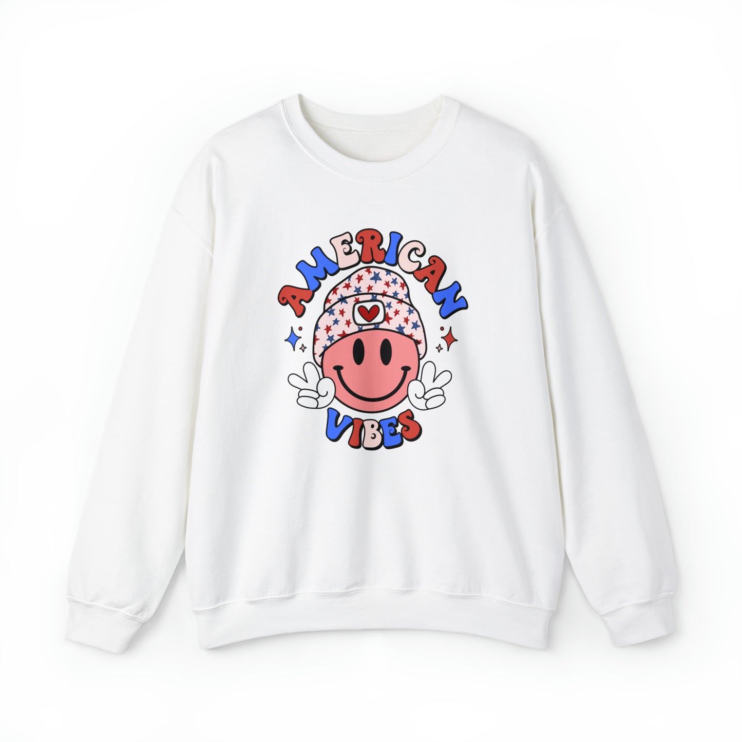 USA American Vibes Smiley Face with Heart Beanie and Peace Signs Heavy Blend™ Crewneck Sweatshirt