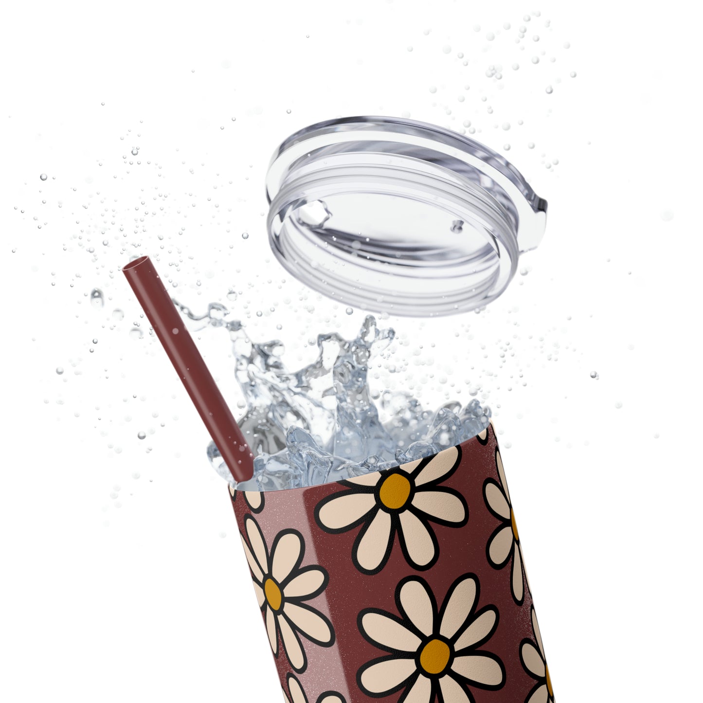 Peach Daisy Print Skinny Tumbler with Straw, 20oz