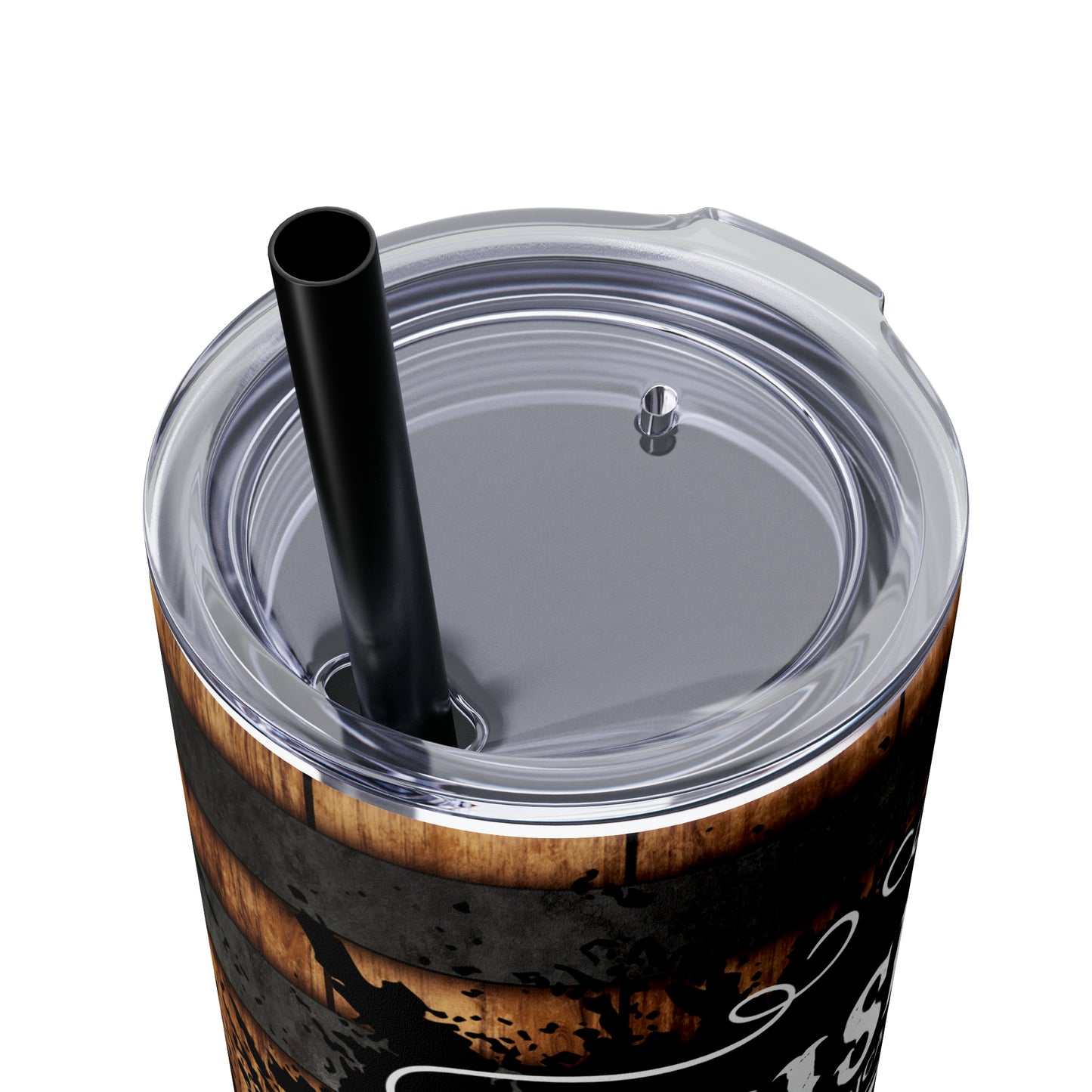 Rustic Barrel Whiskey Themed Skinny Tumbler with Straw, 20oz