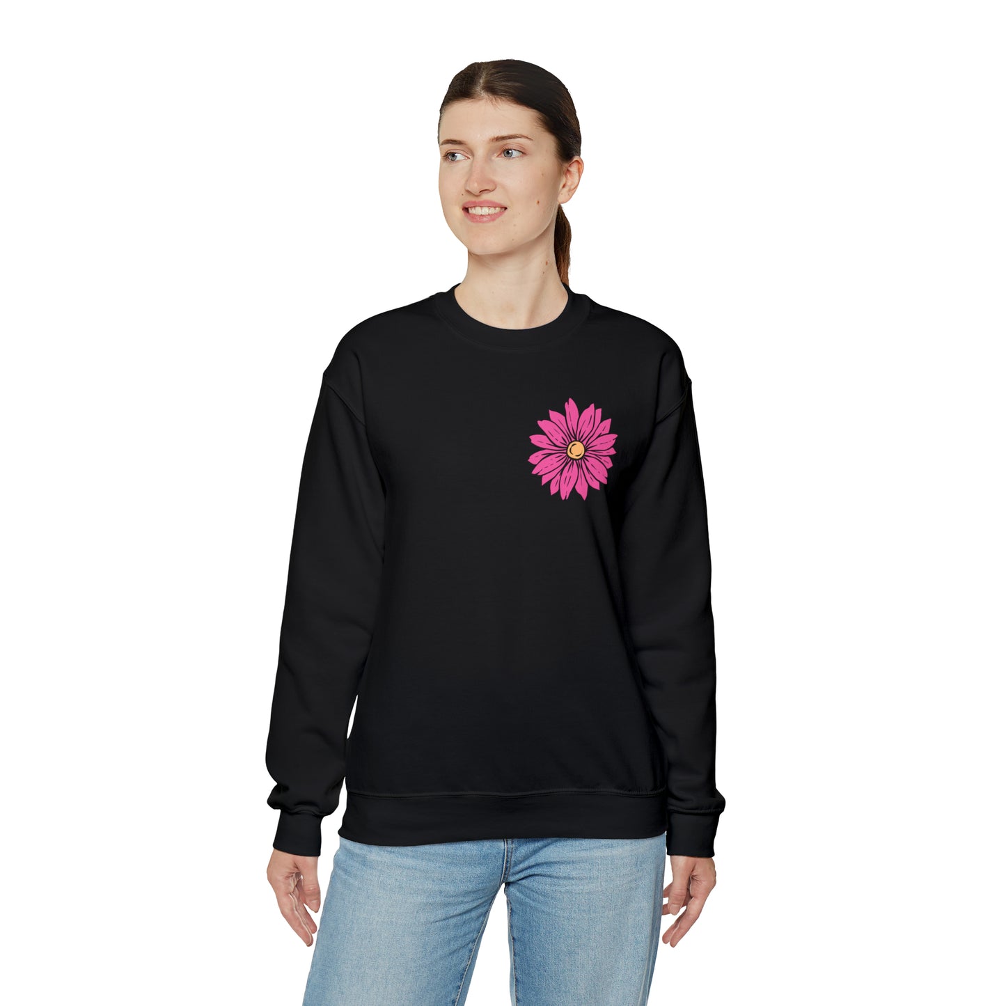 FRONT AND BACK DESIGN Positive Energy (Flower on Front and Message on Back) Font Heavy Blend™ Crewneck Sweatshirt