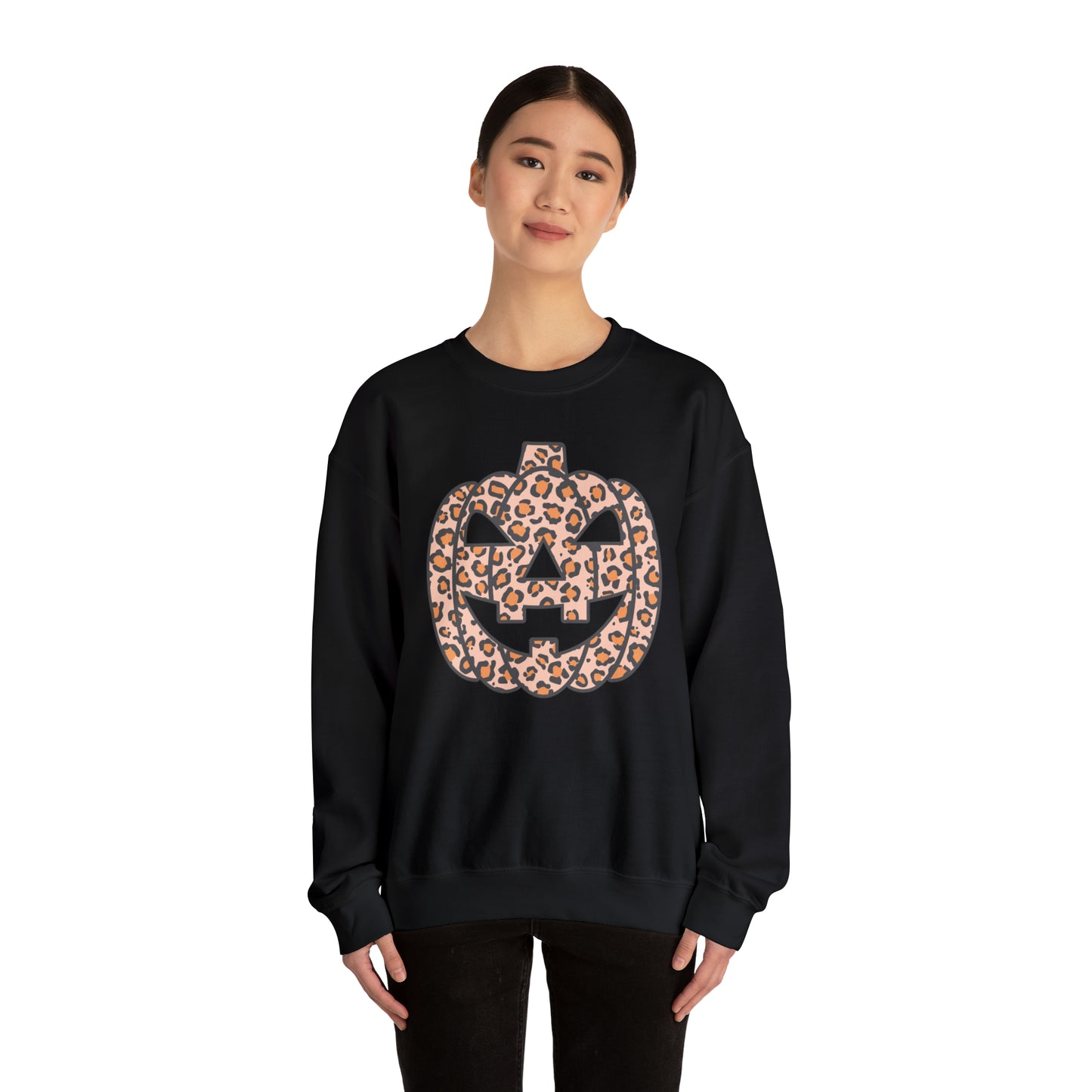 Boho Leopard Print Pumpkin Fall Halloween Retro Warm Colored  Unisex Heavy Blend™ Crewneck Sweatshirt