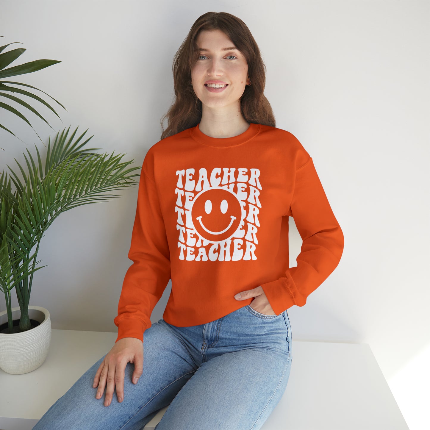 Teacher with Smiley Face White Logo Unisex Heavy Blend™ Crewneck Sweatshirt