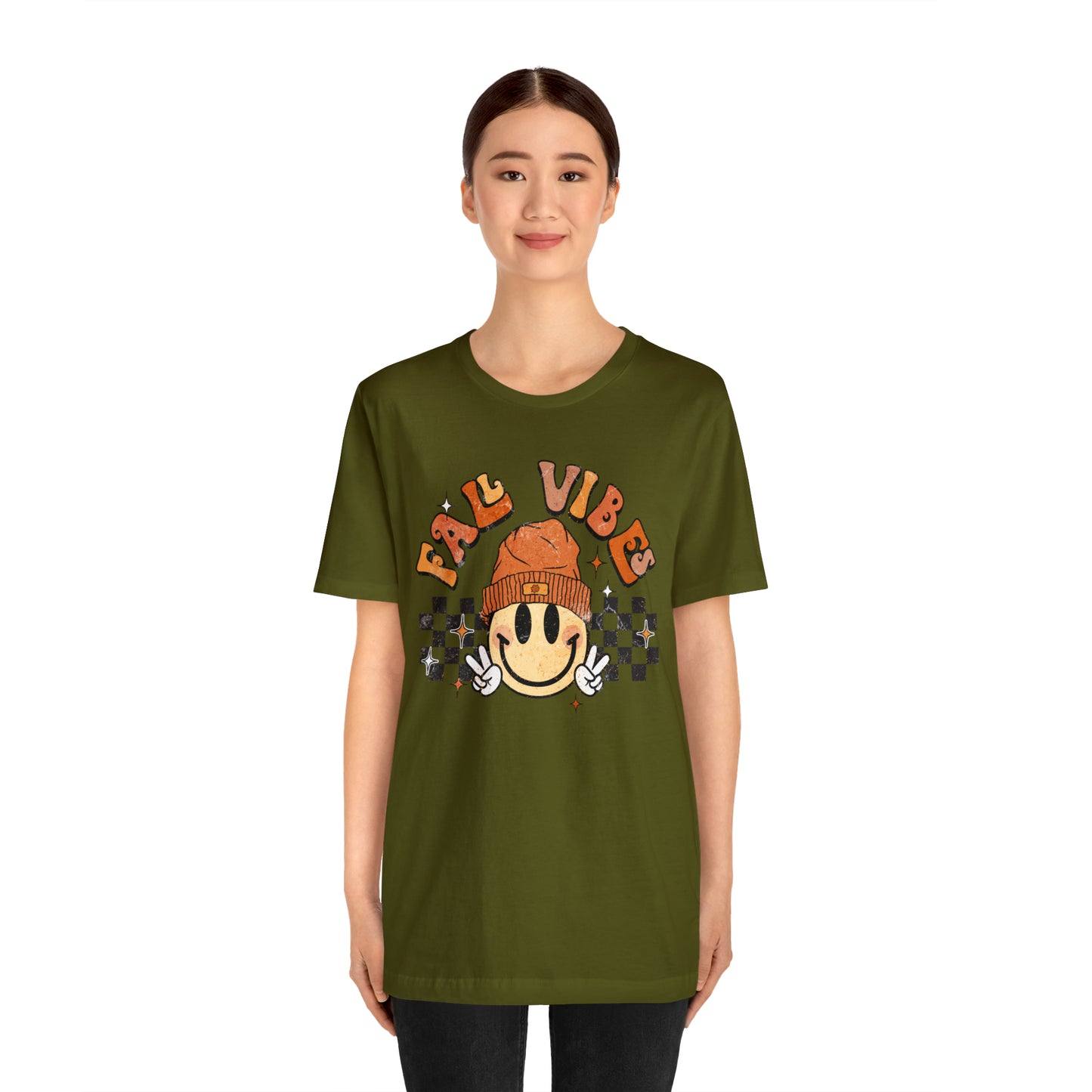 Distressed Halloween Fall Vibes Smiley Face with Beanie and Peace Sign T-Shirt