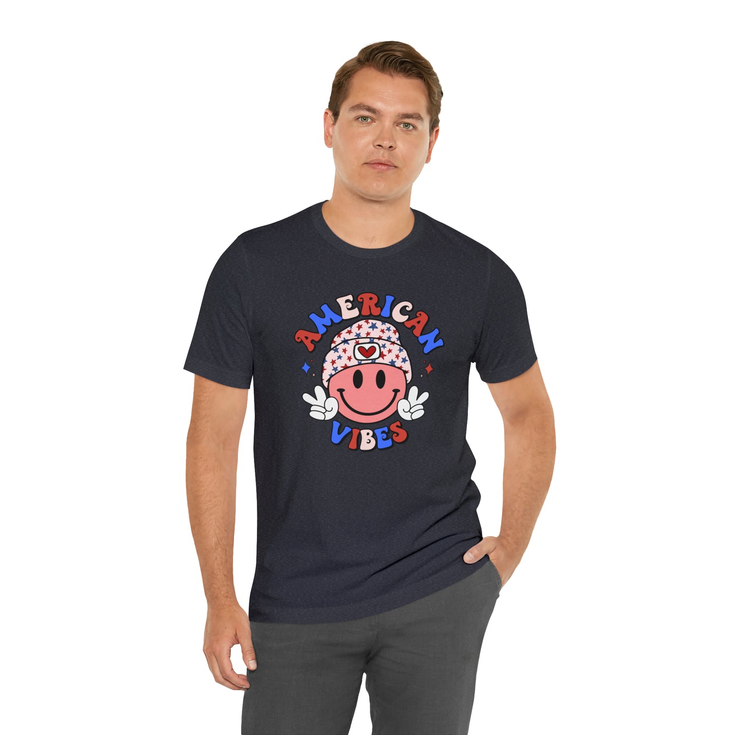 American Vibes USA Smiley Face with Stars Beanie with two hand peace signs Unisex Jersey Short Sleeve Tee