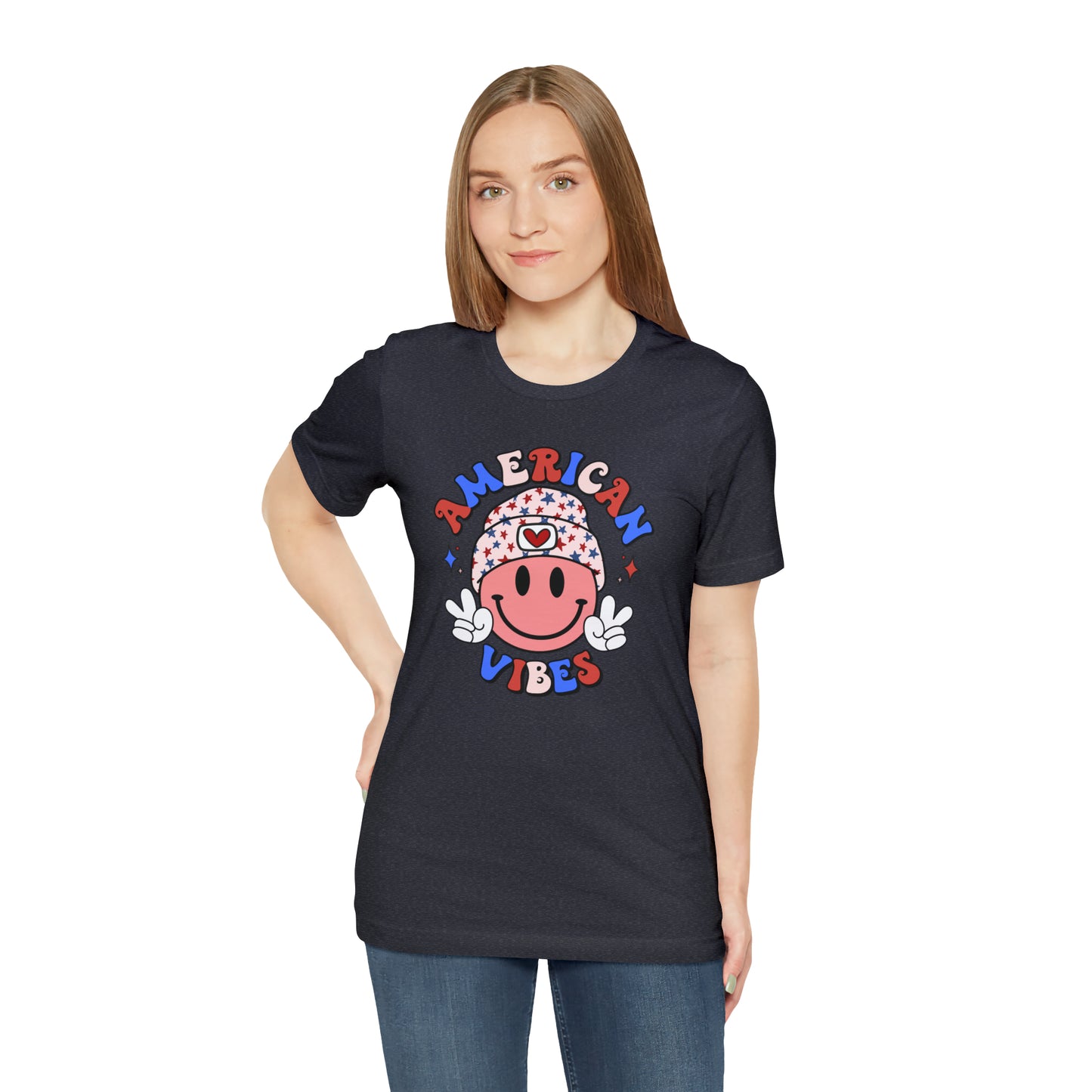 American Vibes USA Smiley Face with Stars Beanie with two hand peace signs Unisex Jersey Short Sleeve Tee