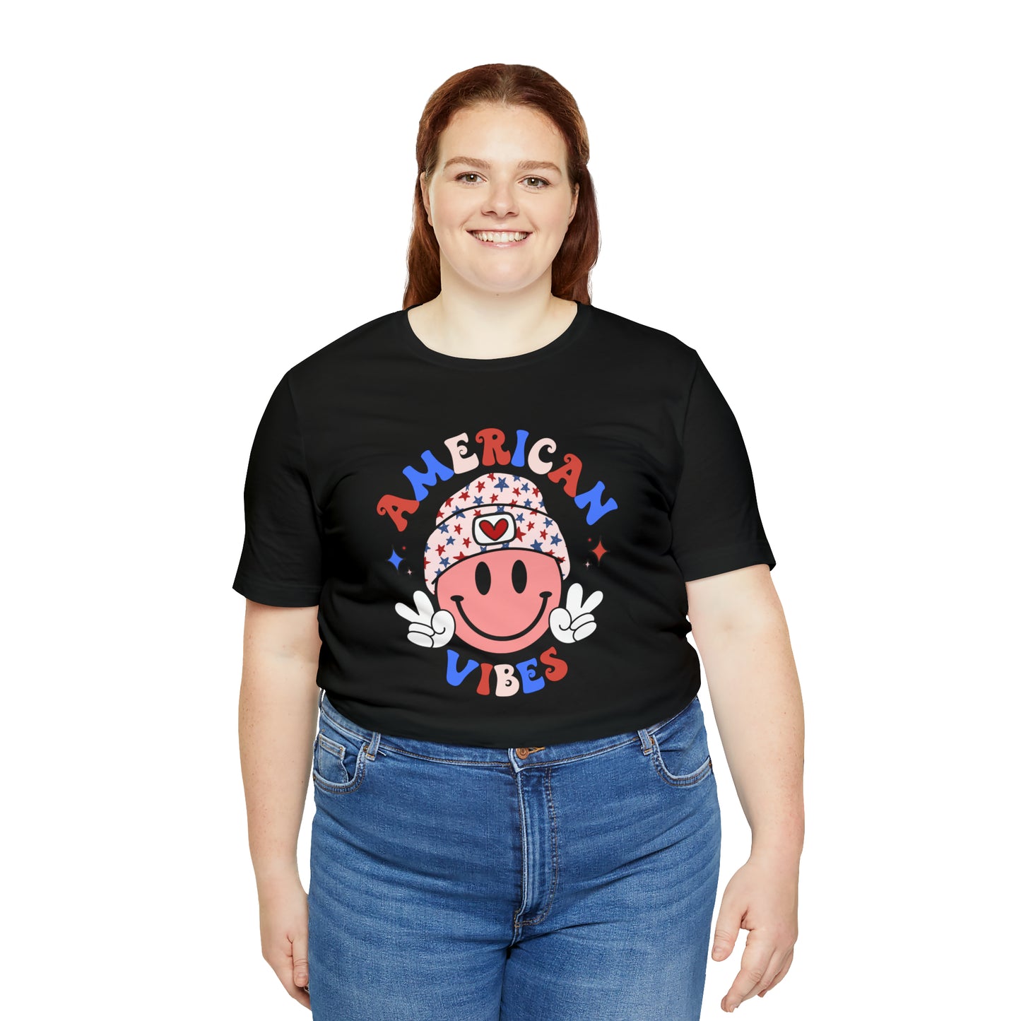 American Vibes USA Smiley Face with Stars Beanie with two hand peace signs Unisex Jersey Short Sleeve Tee