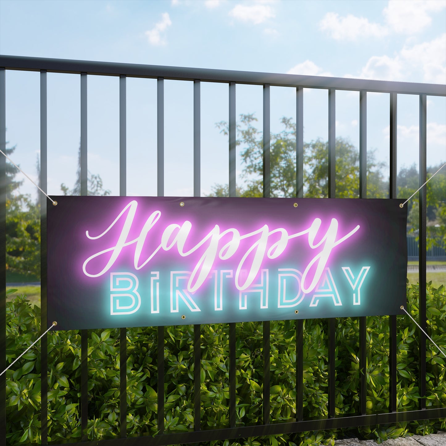 Happy Birthday Neon Font Black Matte Banner