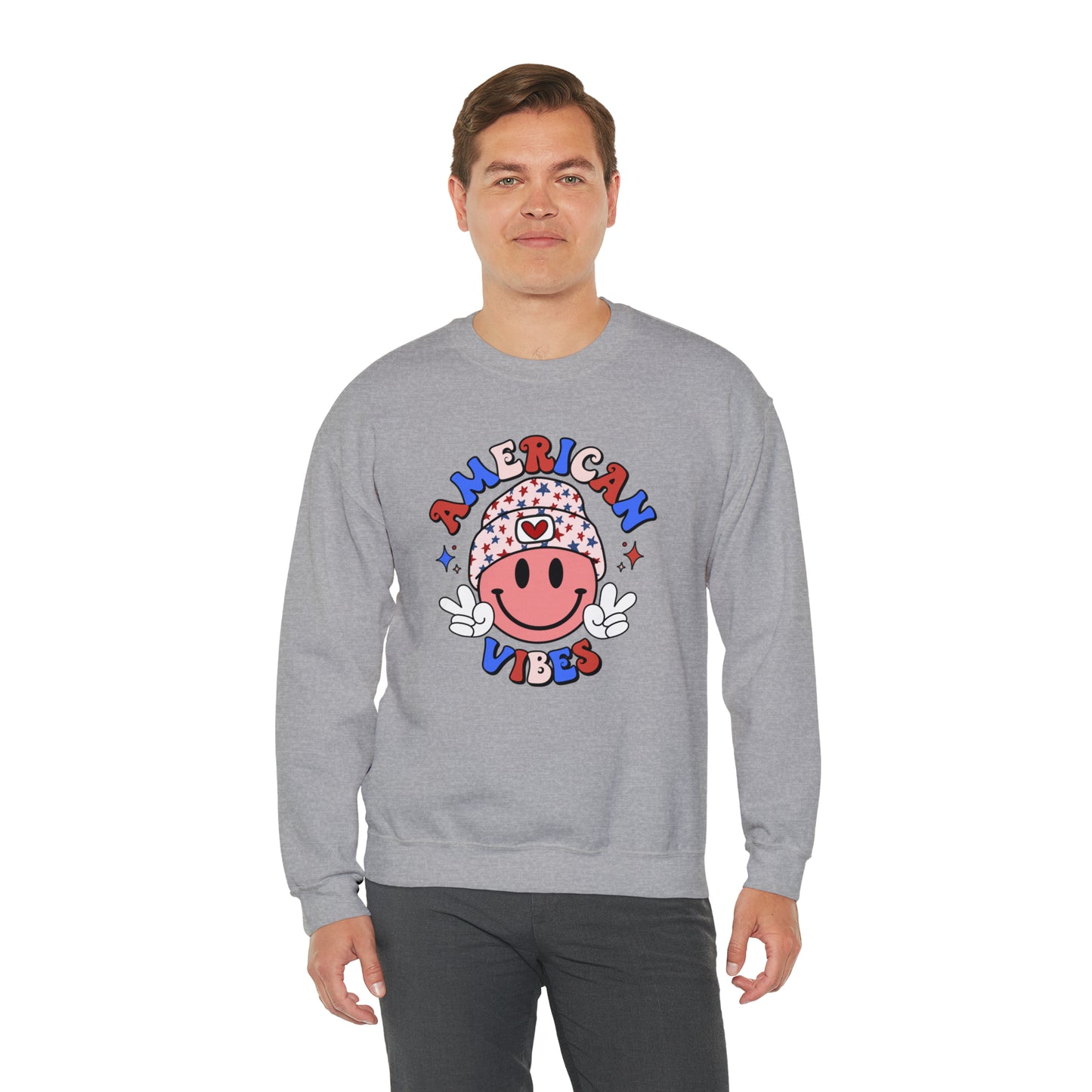 USA American Vibes Smiley Face with Heart Beanie and Peace Signs Heavy Blend™ Crewneck Sweatshirt