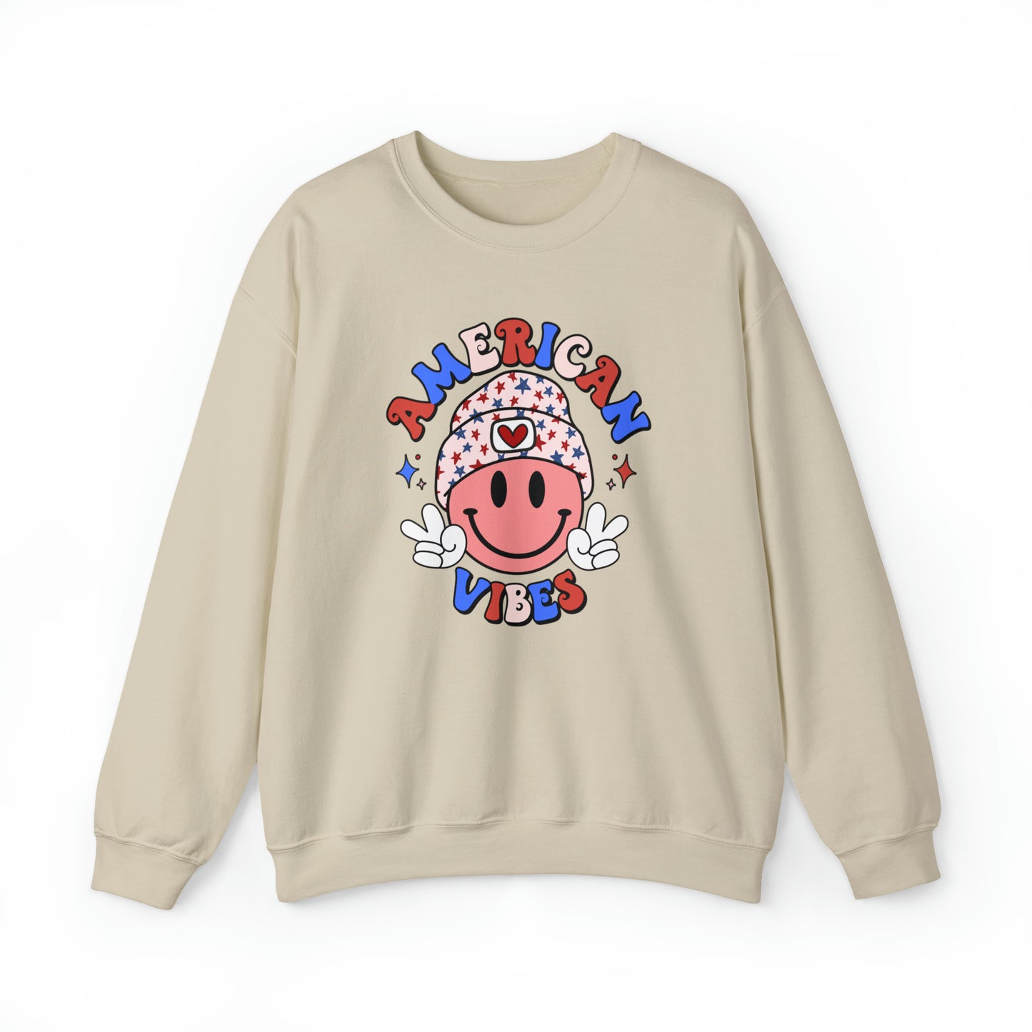 USA American Vibes Smiley Face with Heart Beanie and Peace Signs Heavy Blend™ Crewneck Sweatshirt