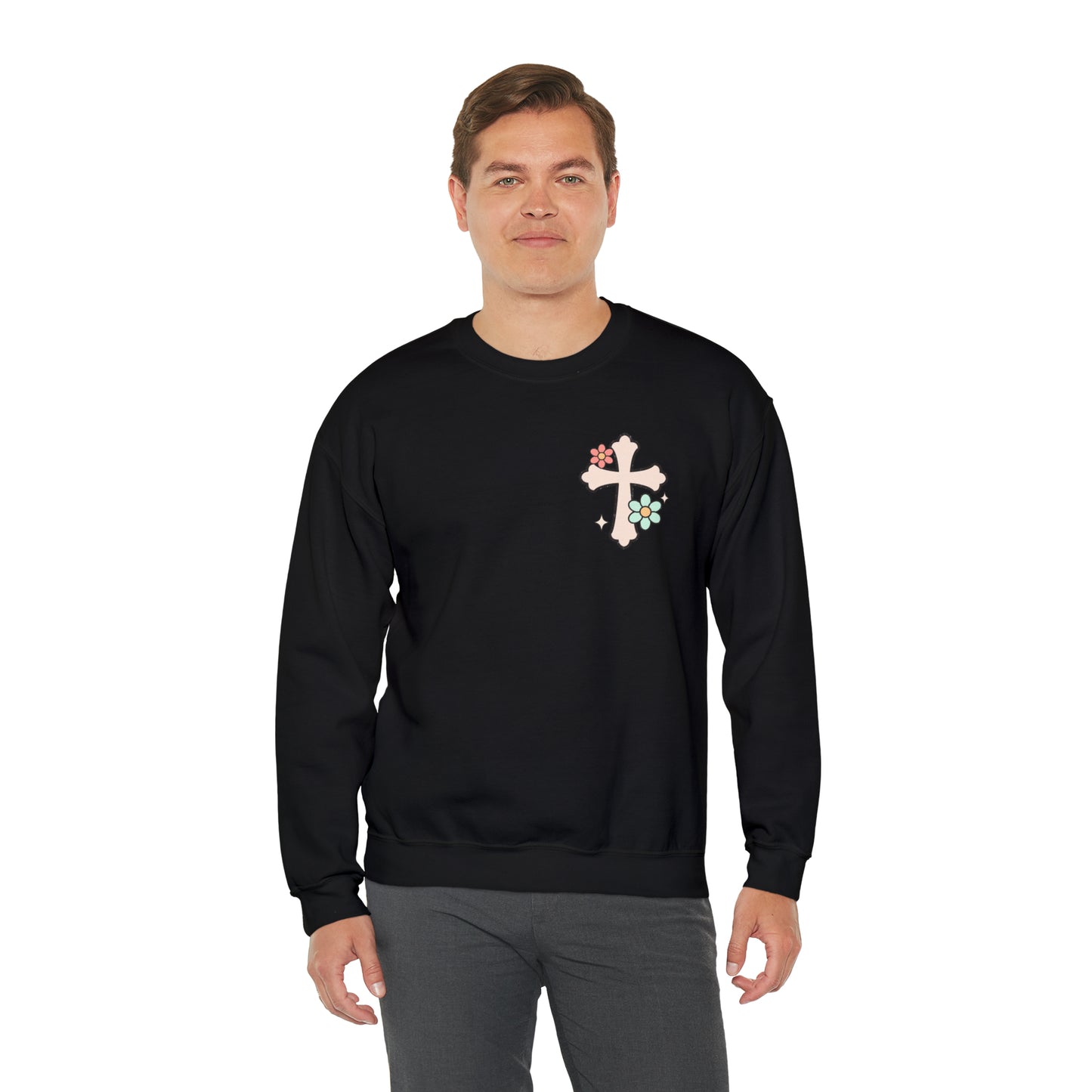 Vintage Grow in Grace with Cross Boho Color Print -  Front and Back Design Heavy Blend™ Crewneck Sweatshirt