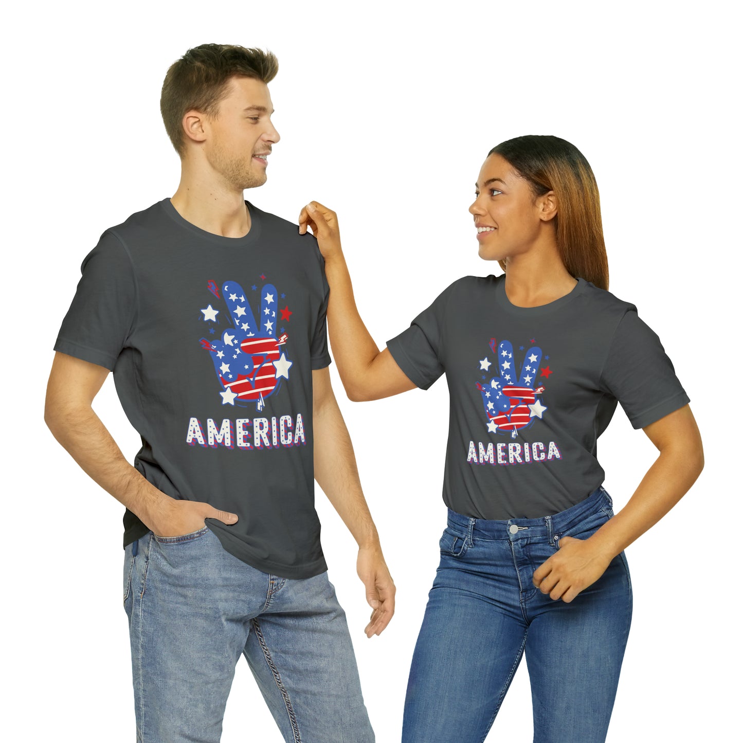 America USA Stars Peace Sign with Hands Unisex Jersey Short Sleeve Tee