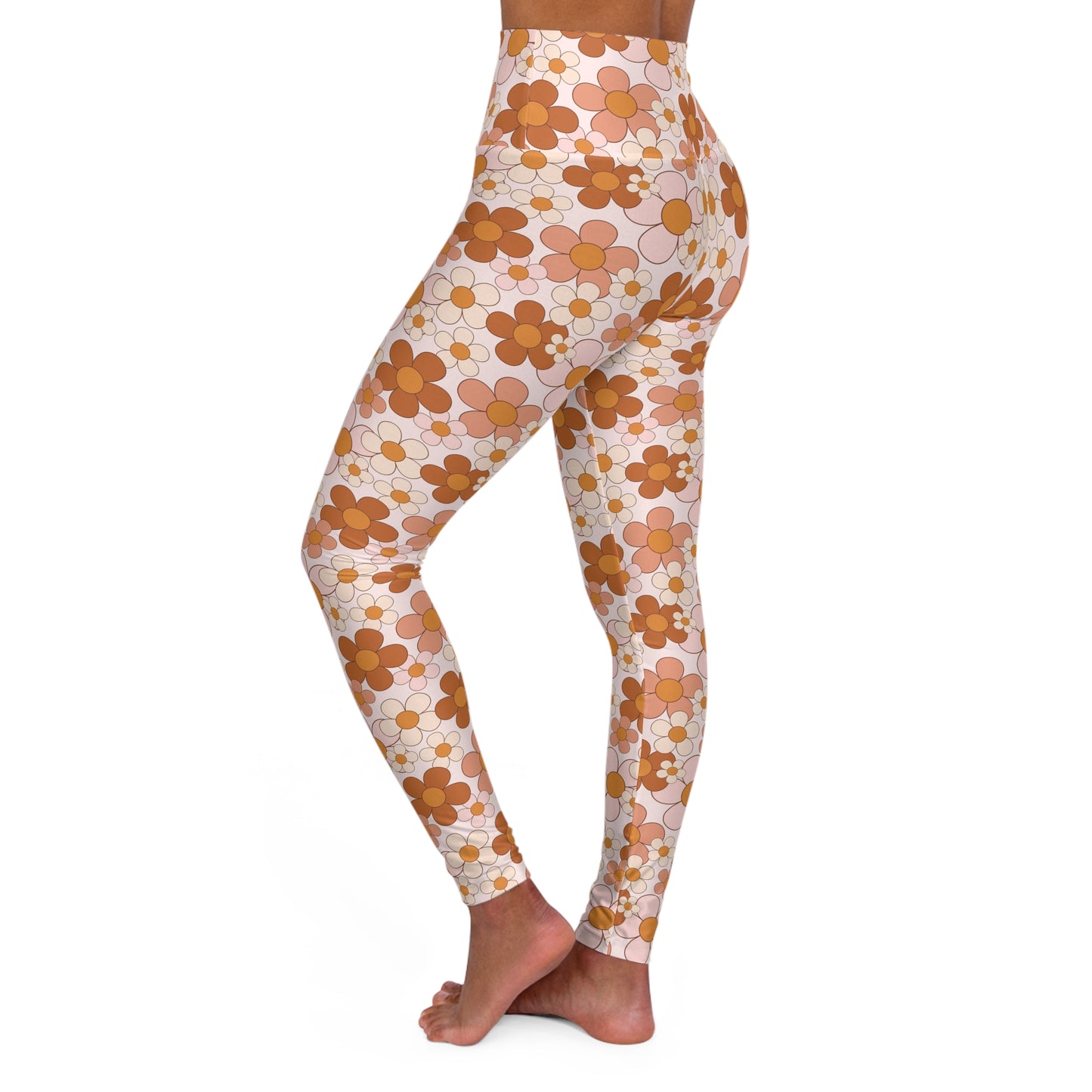 Retro Daisy Rust and Pink Floral High Waisted Yoga Leggings