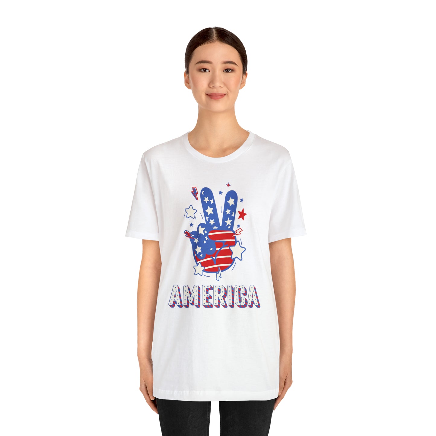 America USA Stars Peace Sign with Hands Unisex Jersey Short Sleeve Tee