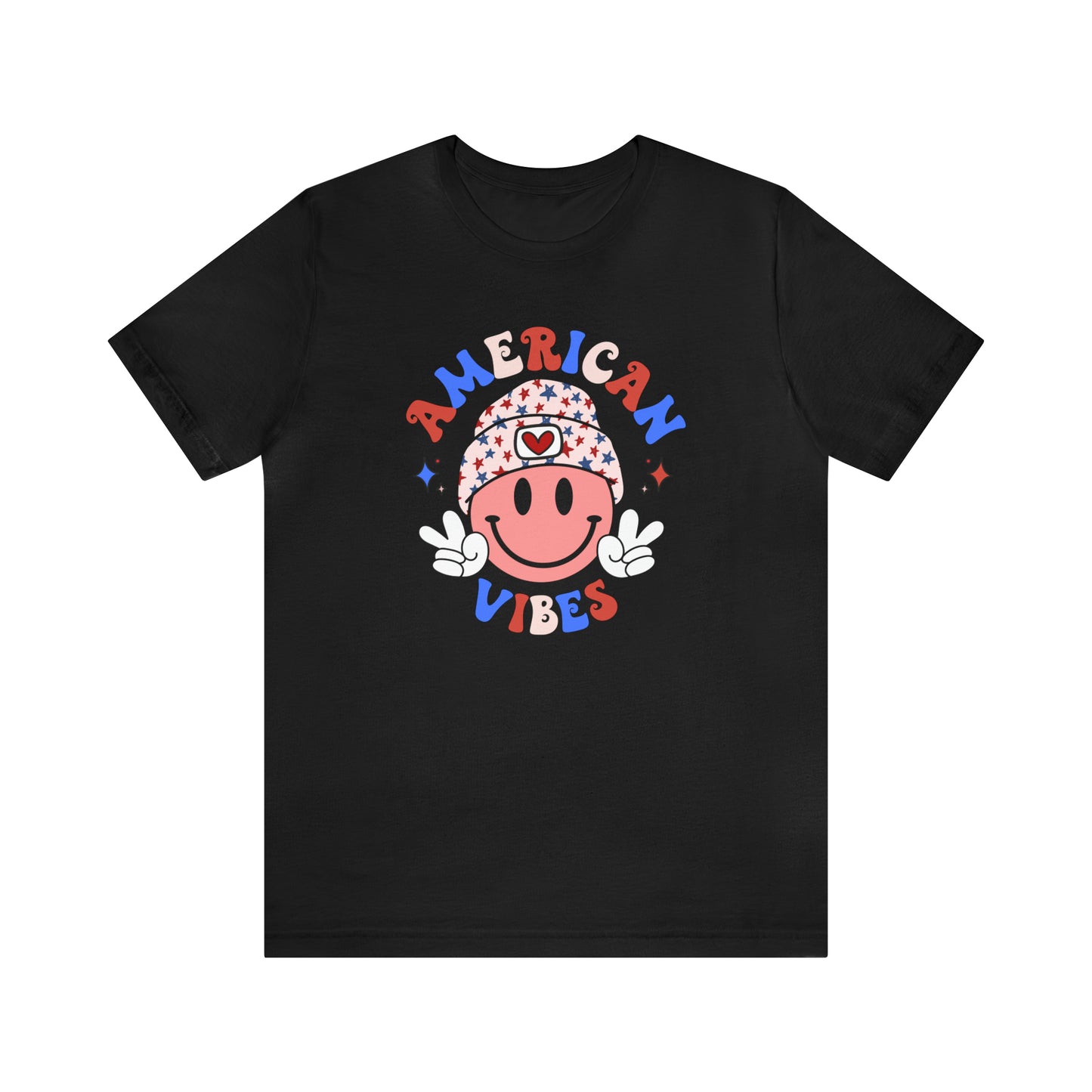 American Vibes USA Smiley Face with Stars Beanie with two hand peace signs Unisex Jersey Short Sleeve Tee