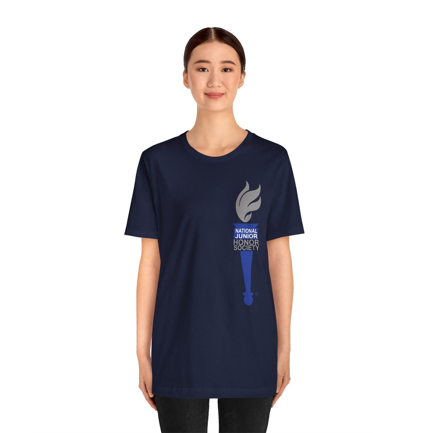 Murdock Middle School NJHS National Junior Honor Society Service Citizenship Character Leadership Scholarship Circular Torch Bella Jersey Short Sleeve Tee - Royal School Font