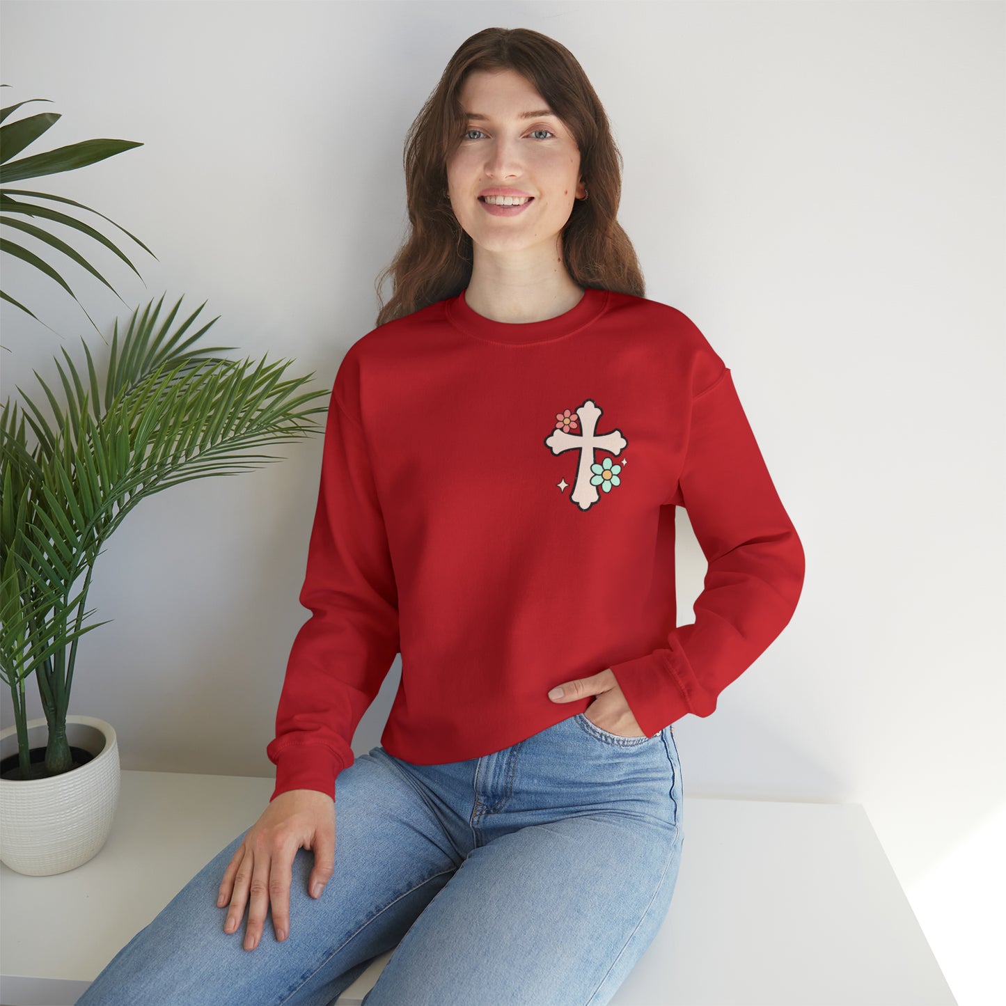 Vintage Grow in Grace with Cross Boho Color Print -  Front and Back Design Heavy Blend™ Crewneck Sweatshirt