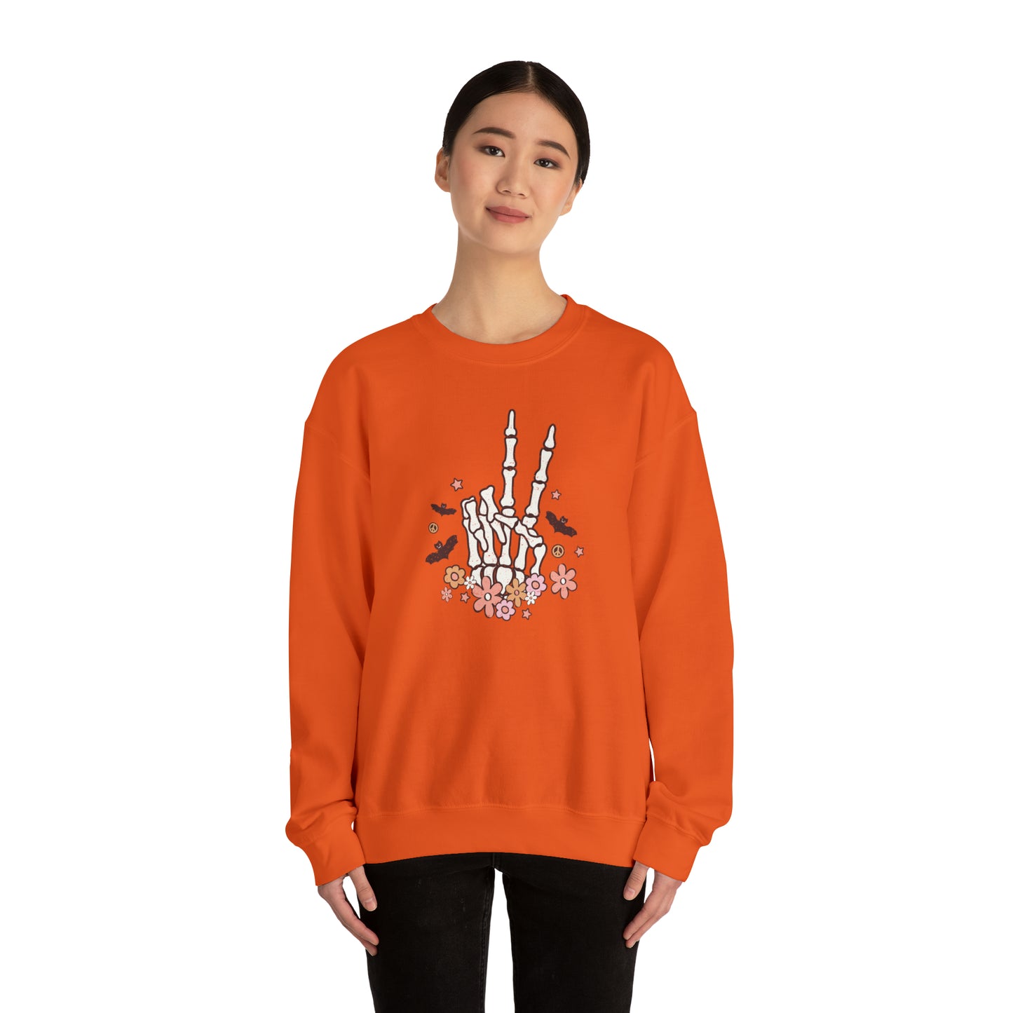 Boho Skeleton Floral Piece Sign Hand Fall Halloween Retro Warm Colored  Unisex Heavy Blend™ Crewneck Sweatshirt