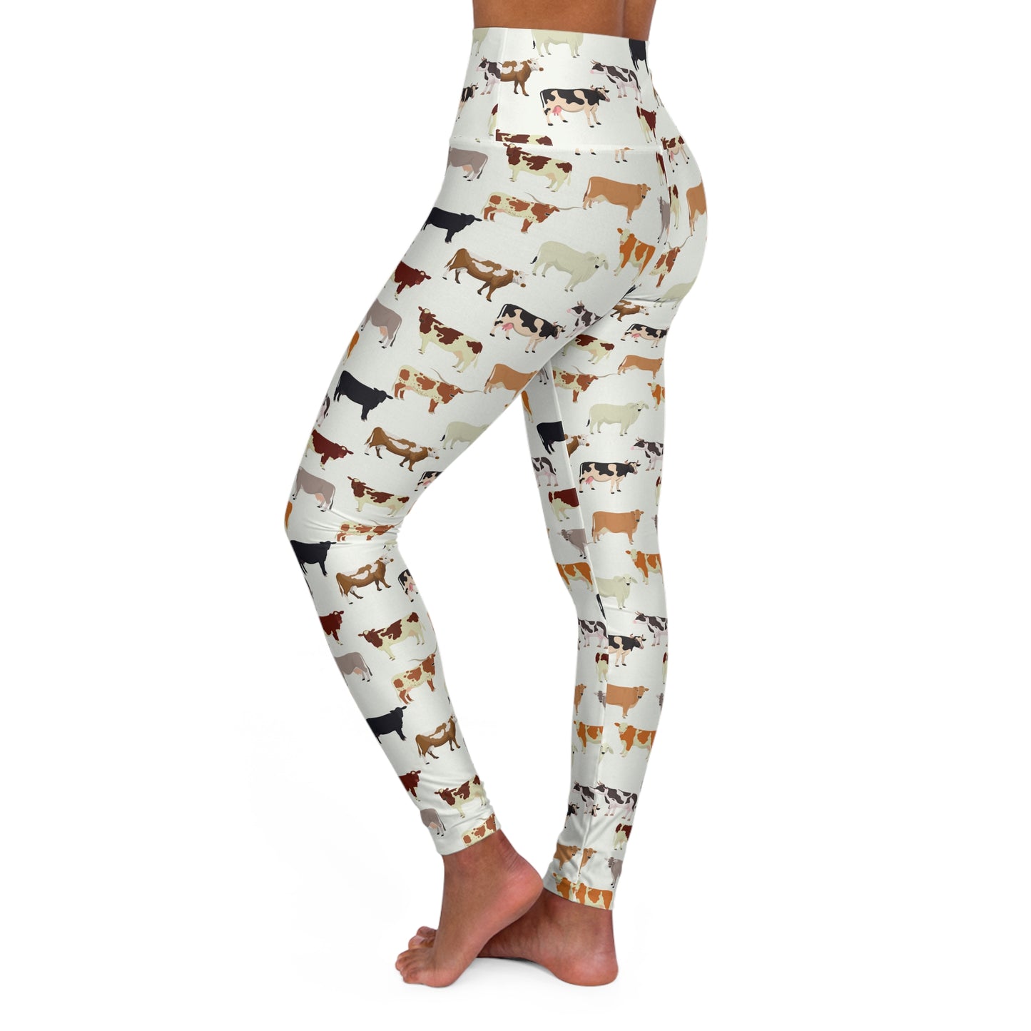 Many Cow Breed Patterned High Waisted White Yoga Leggings