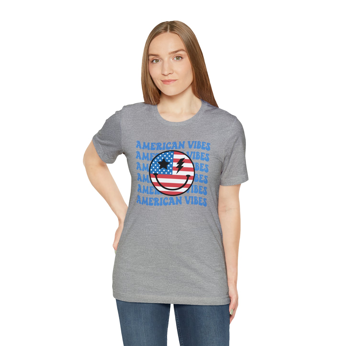 USA American Vibes American Flag Smiley Face Unisex Jersey Short Sleeve Tee