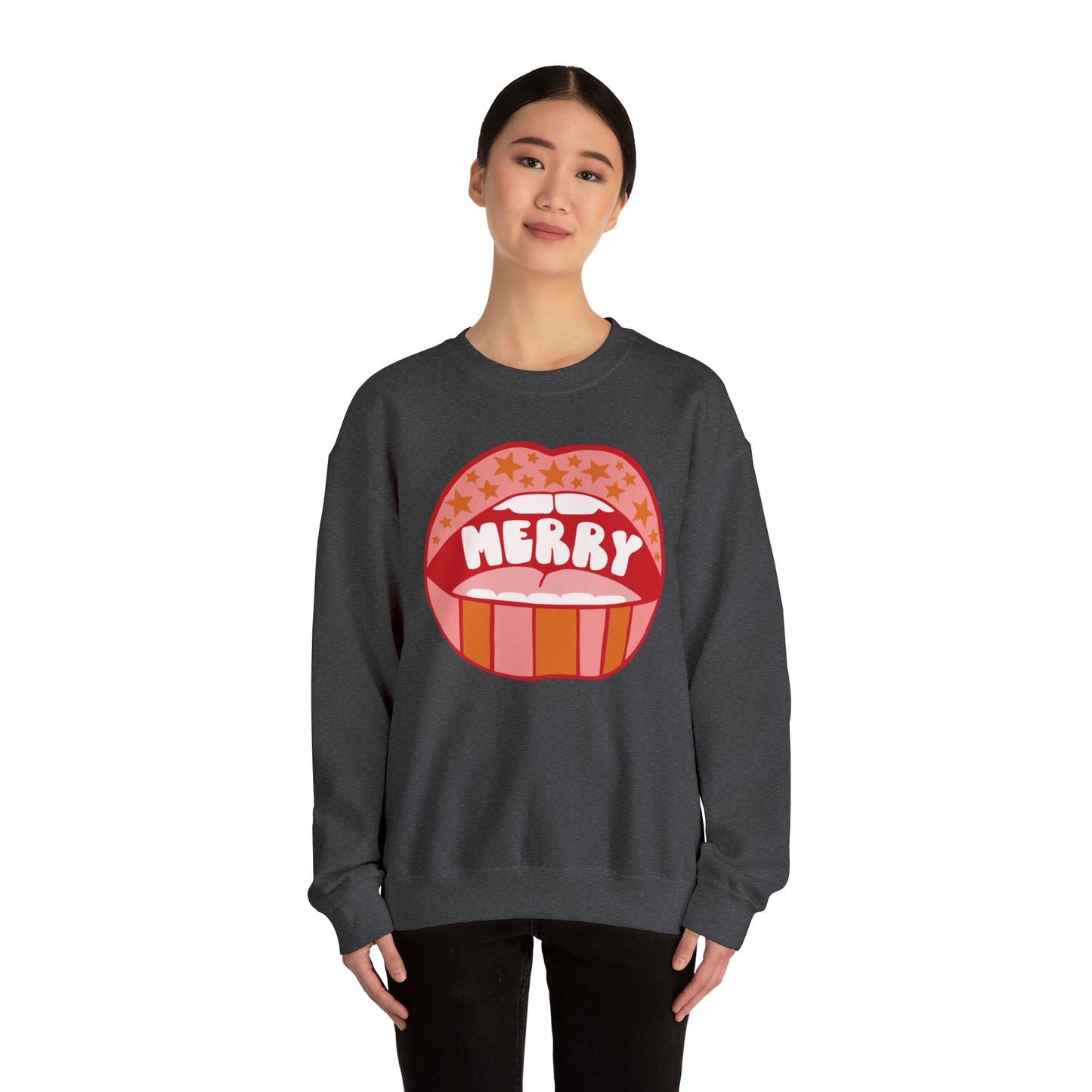 Christmas Holiday Merry Lips Stripes and Stars Unisex Heavy Blend™ Crewneck Sweatshirt