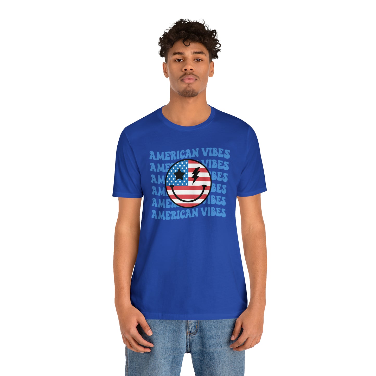 USA American Vibes American Flag Smiley Face Unisex Jersey Short Sleeve Tee