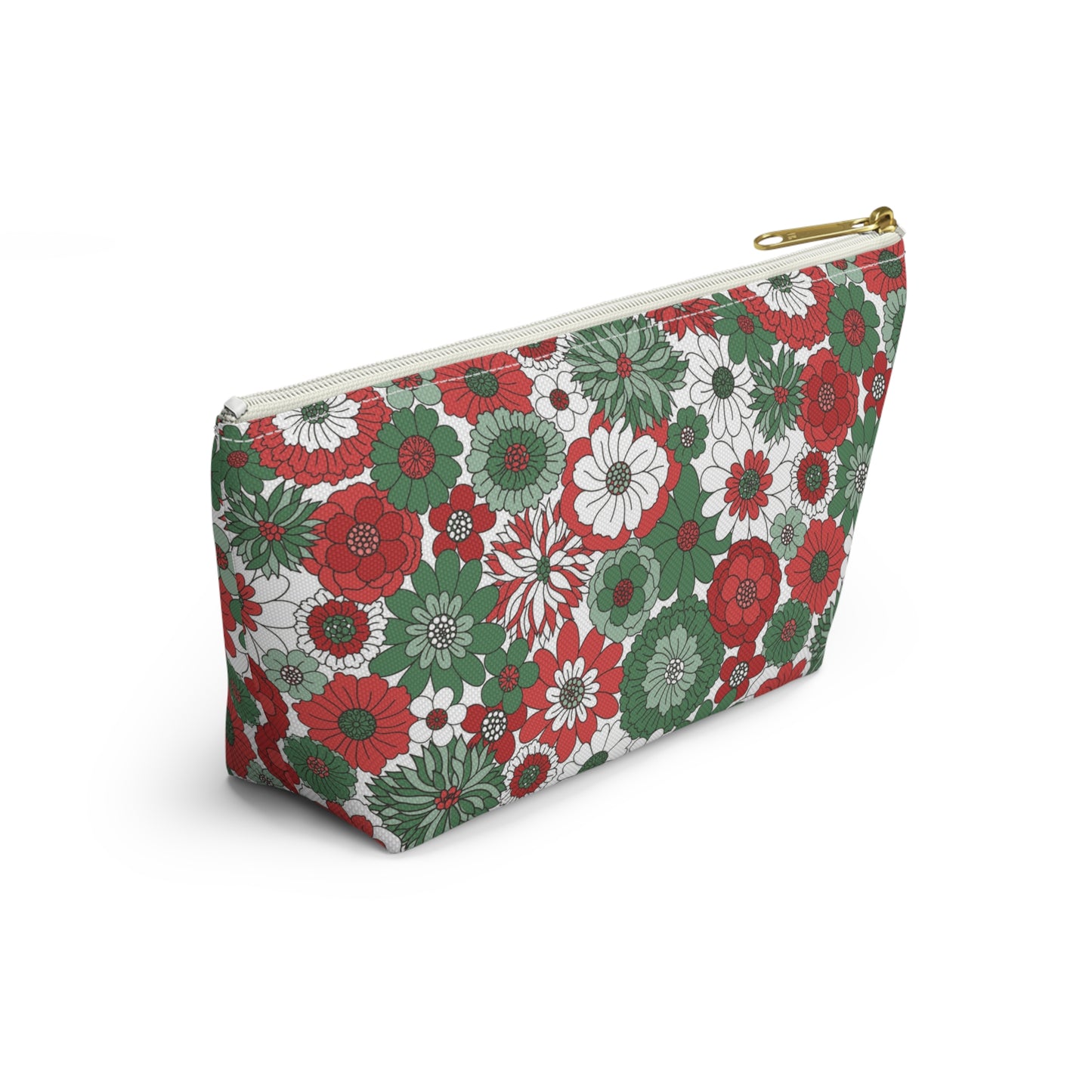 Retro Floral Christmas Red and Green Print Design  Accessory Pouch w T-bottom